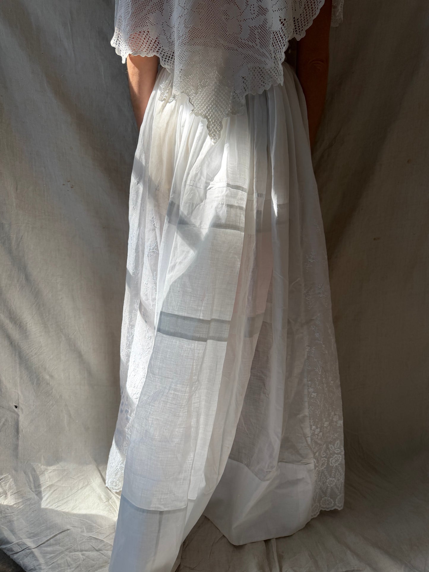 White Cotton Floral Embroidered Antique Long Skirt