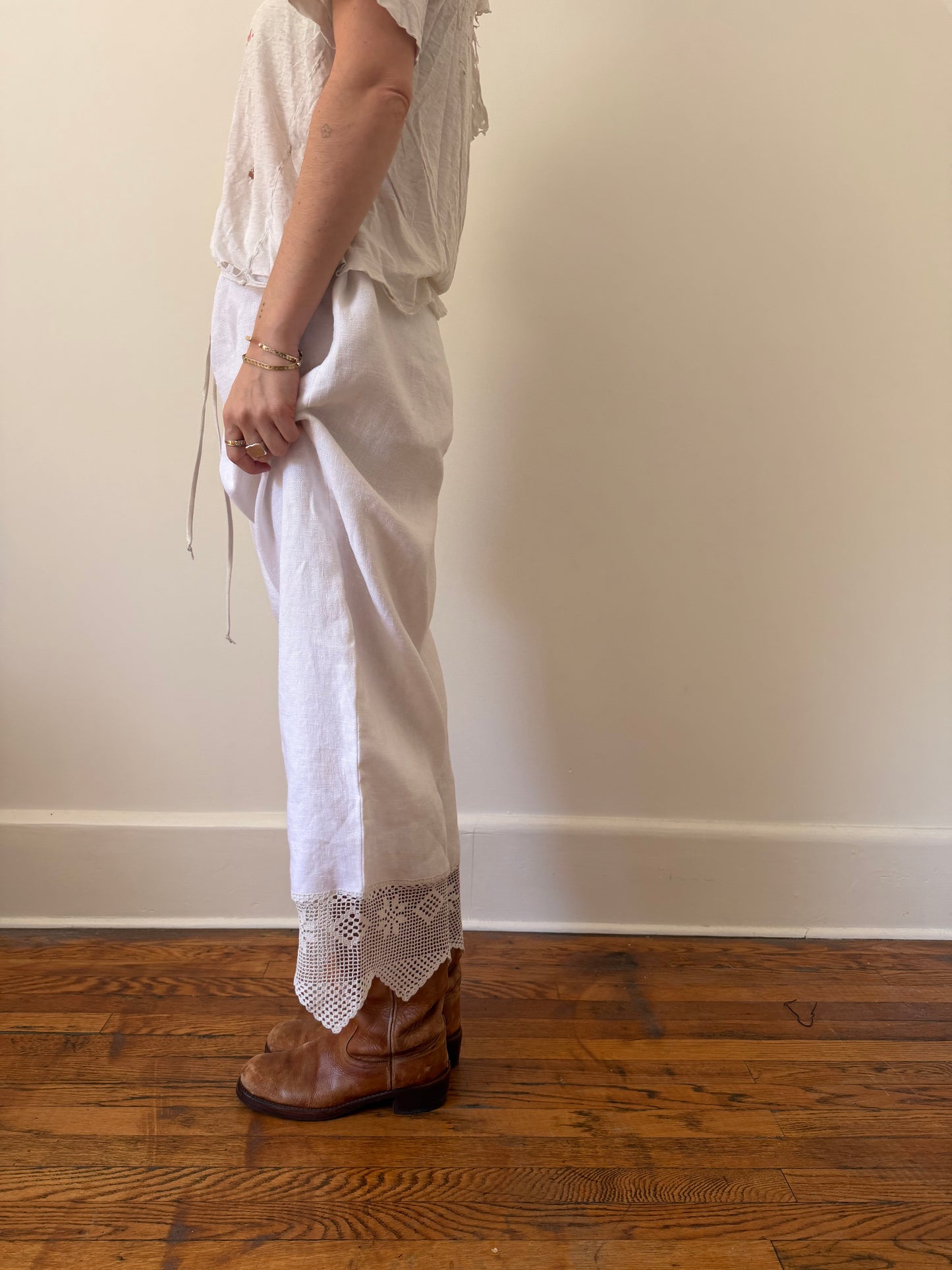 Reworked Linen Bloomer Pants With Antique Crochet Lace Trim
