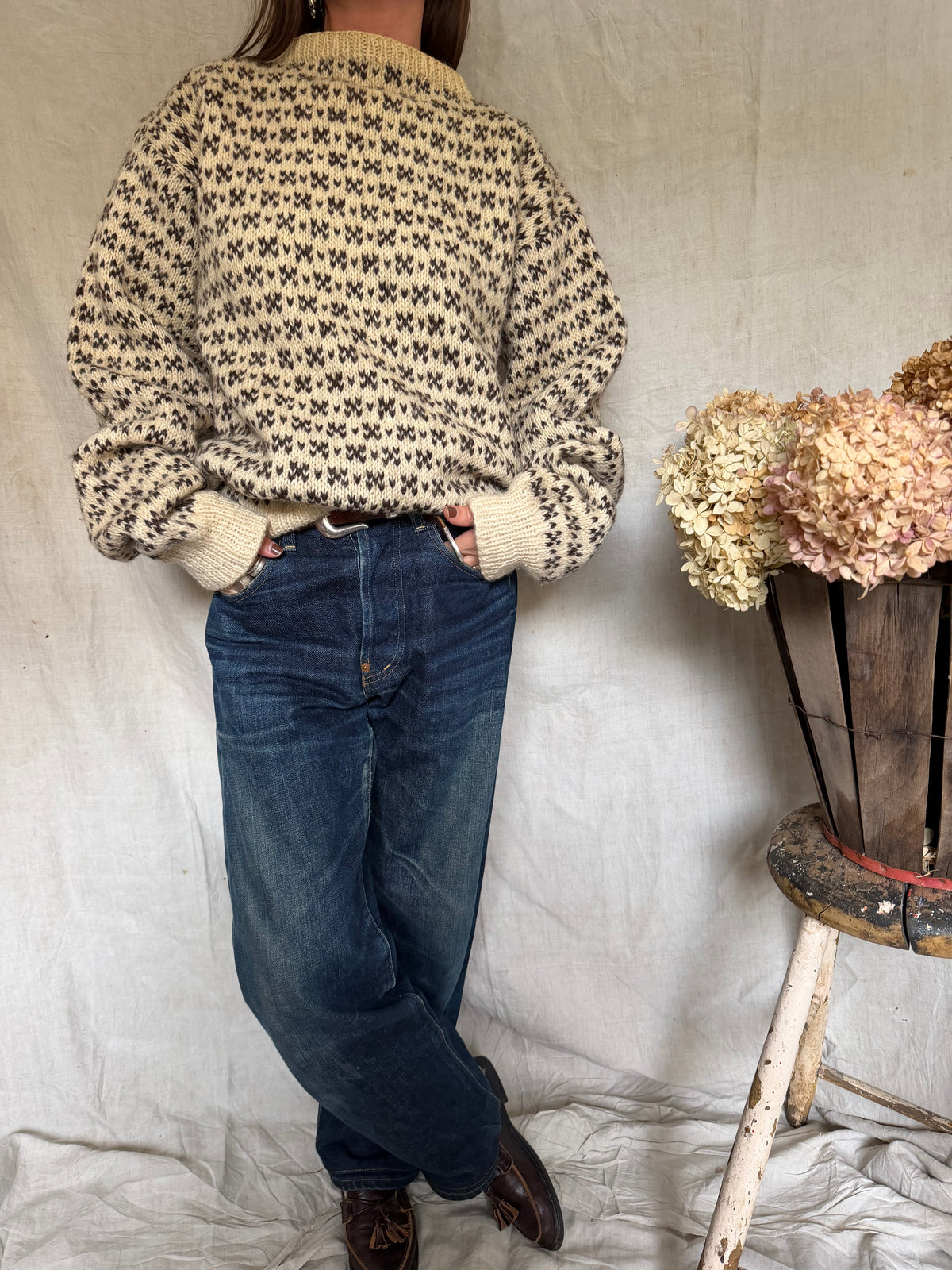 Brown and Cream Wool Patterned Sweater