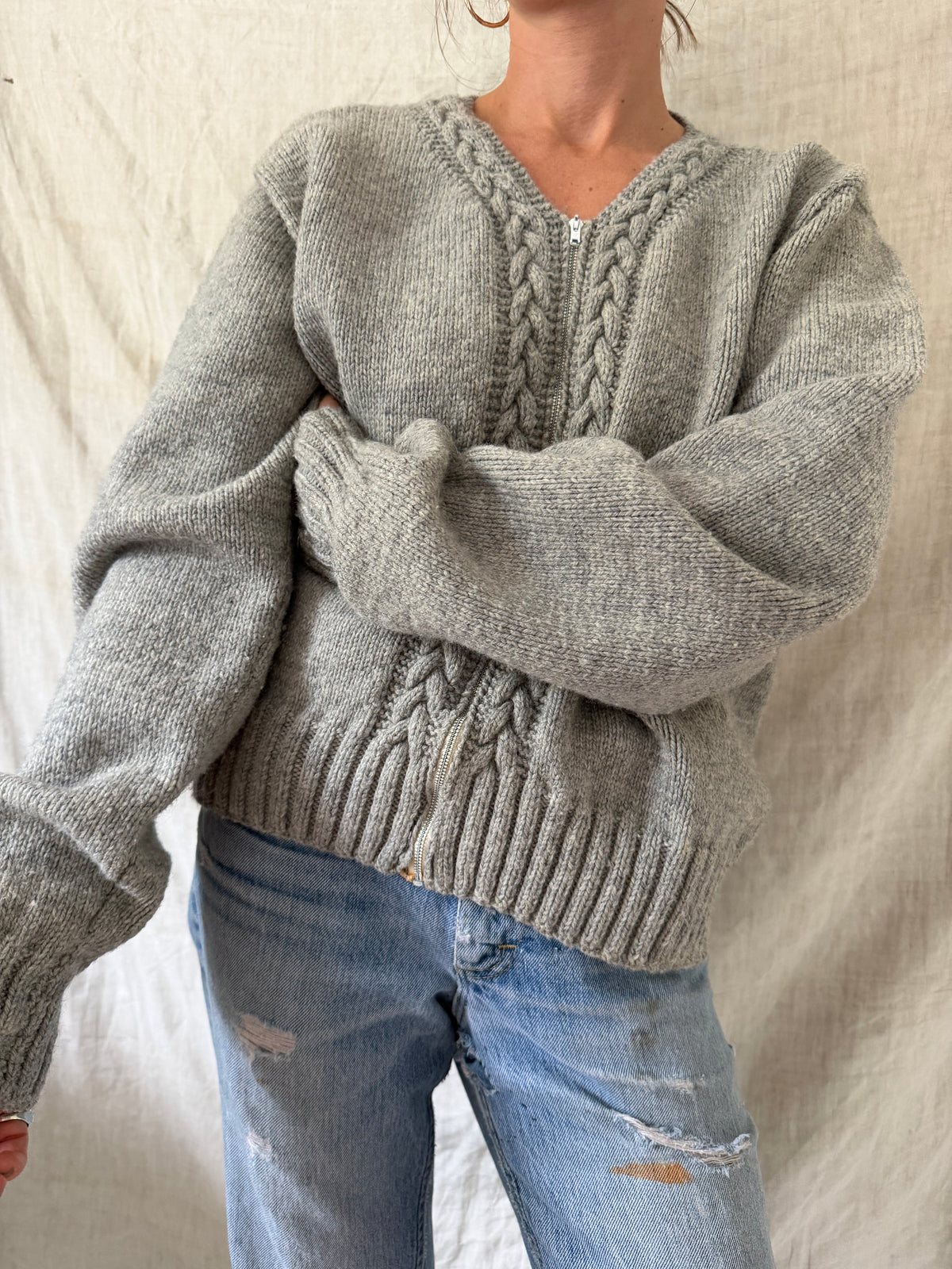 Heather Grey Knit Zip Up Sweater