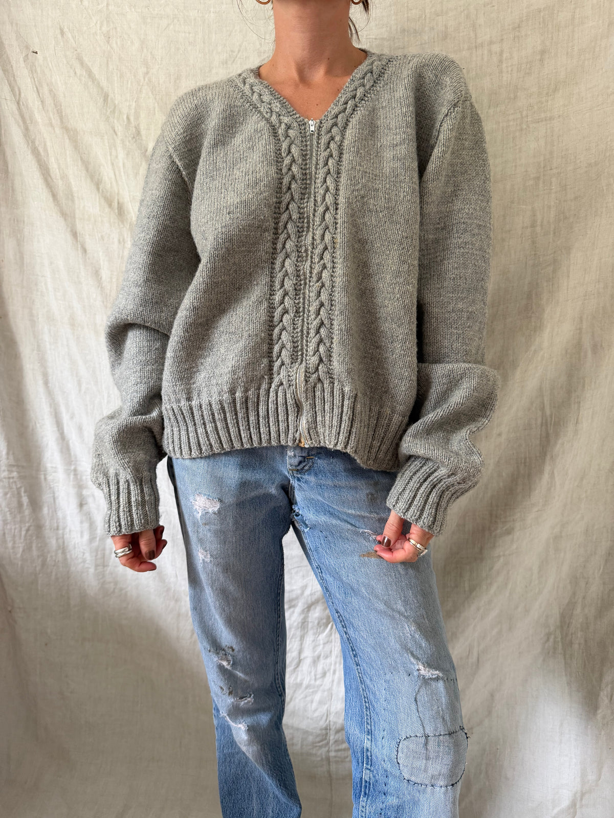 Heather Grey Knit Zip Up Sweater