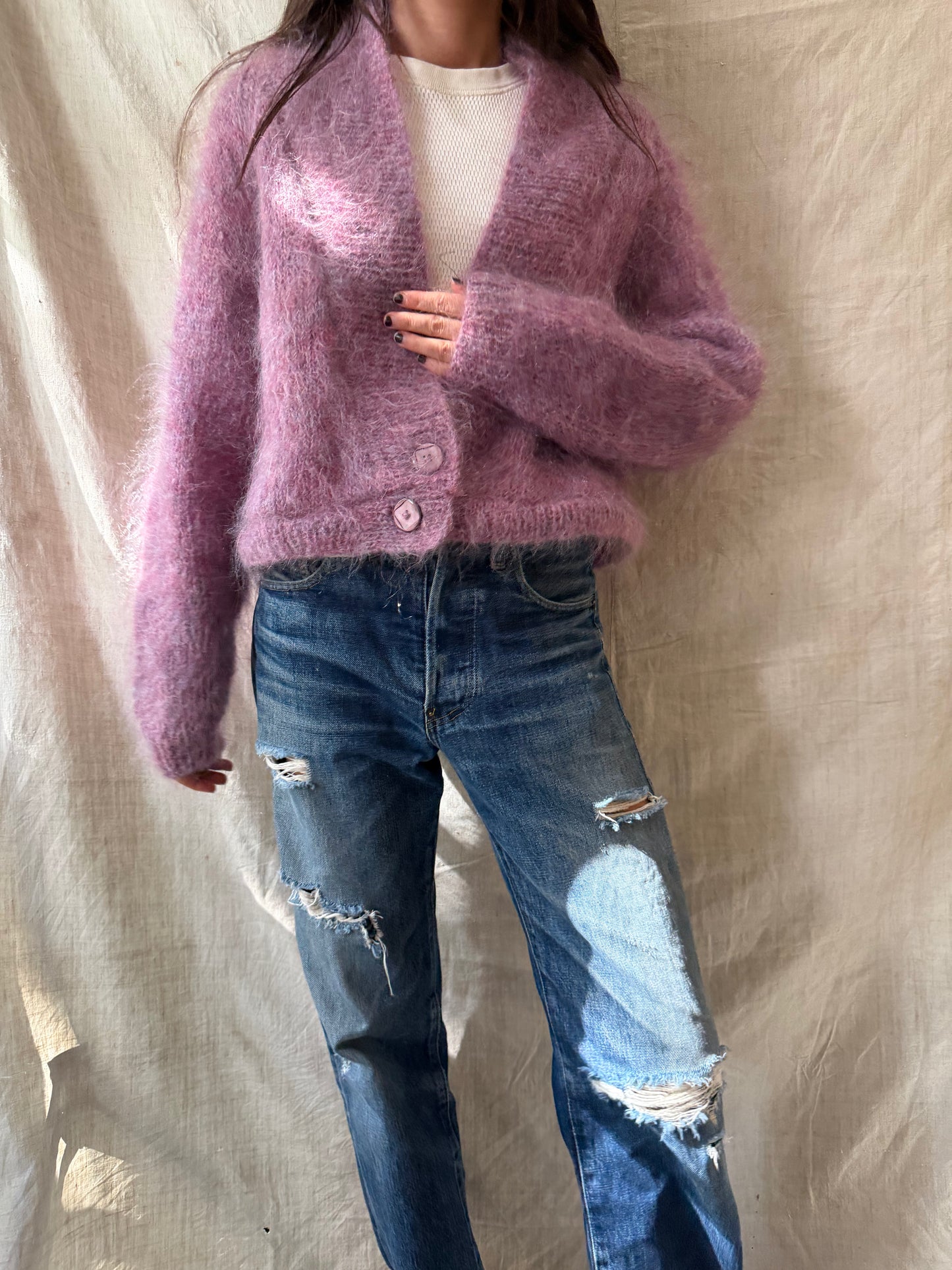 Cropped Magenta Mohair Cardigan