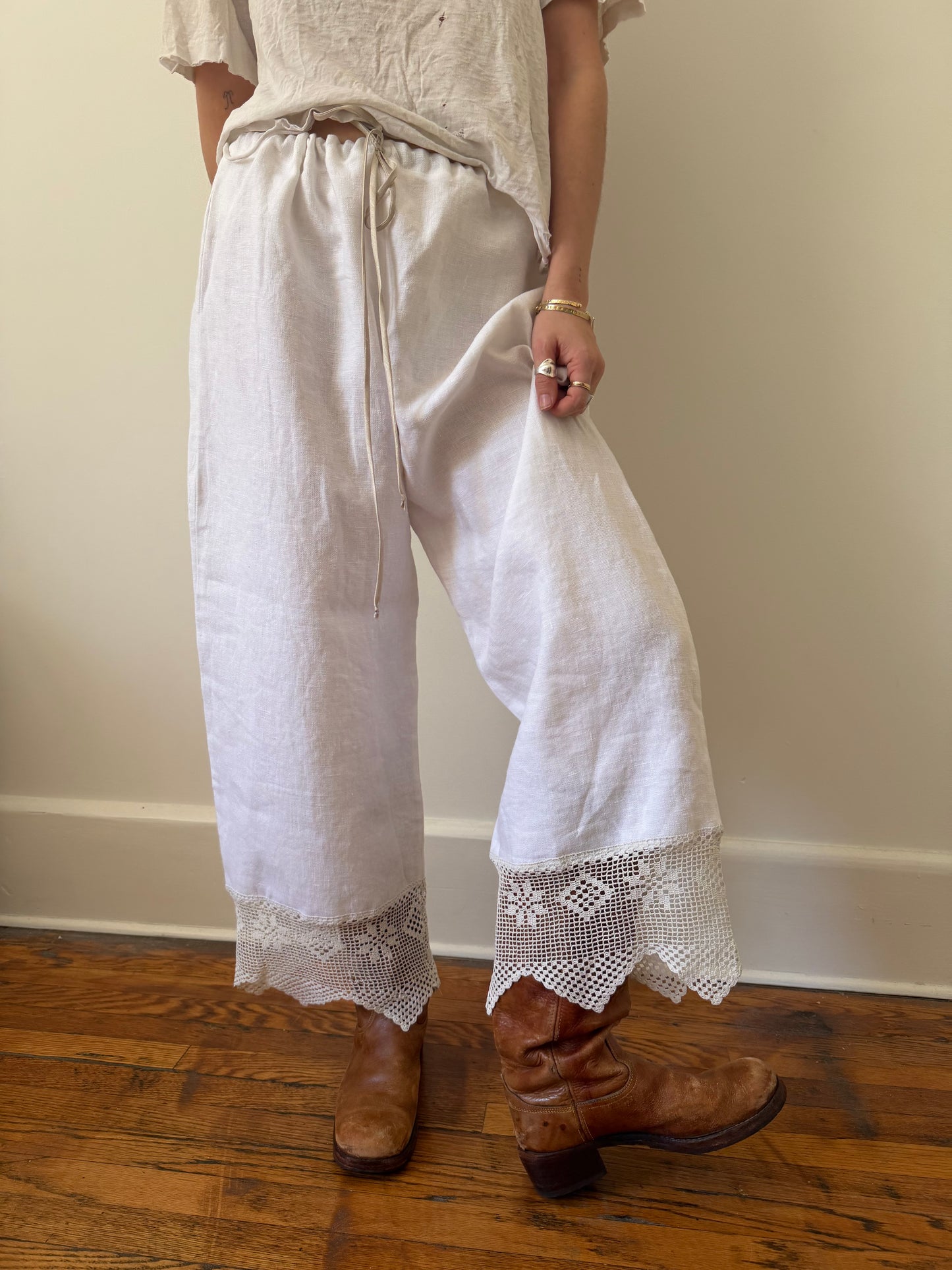 Reworked Linen Bloomer Pants With Antique Crochet Lace Trim