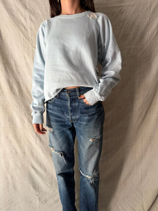 Pale Blue Cropped + Mended Crewneck