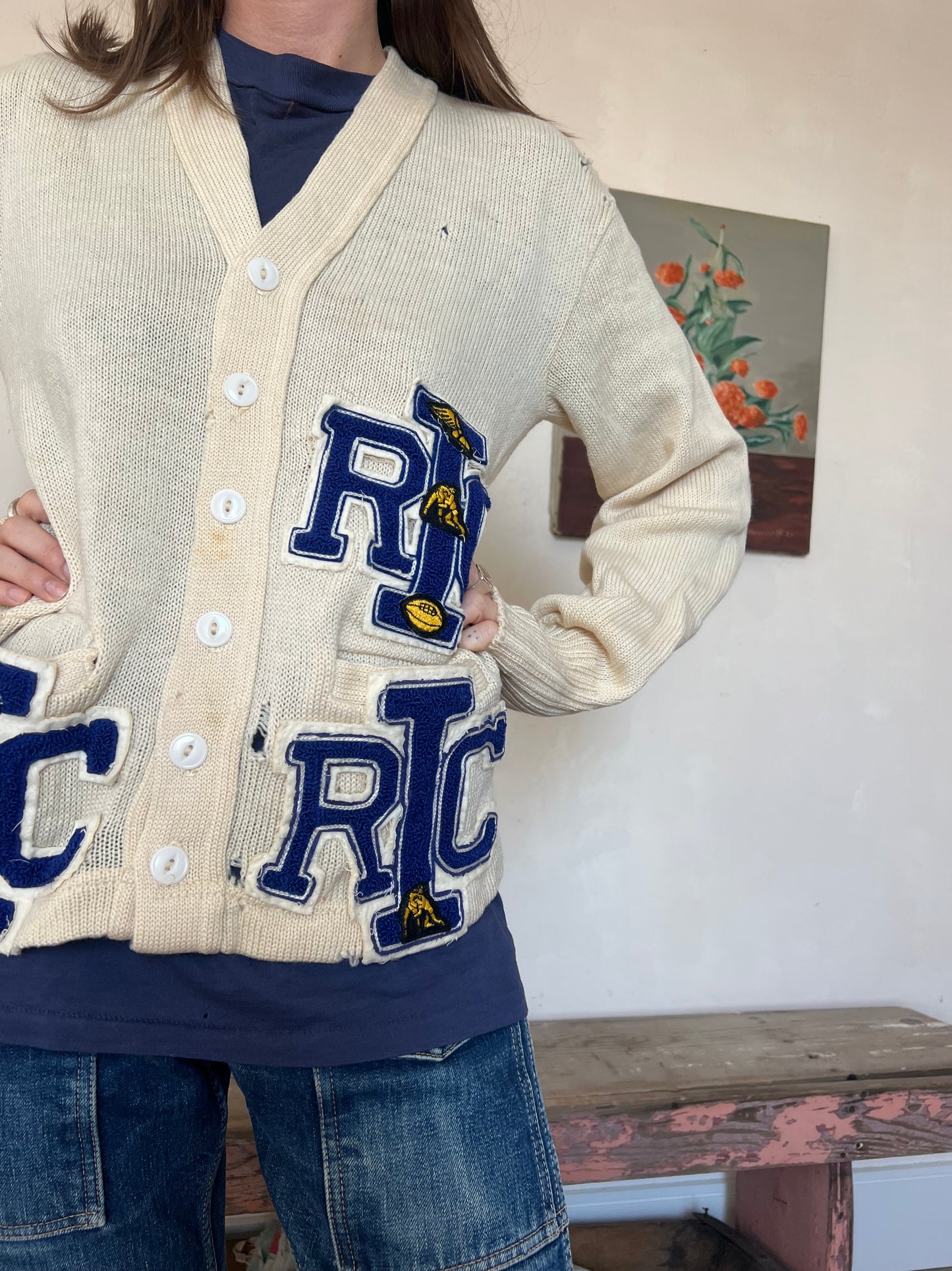 Distressed Patched Wool Varsity Cardigan