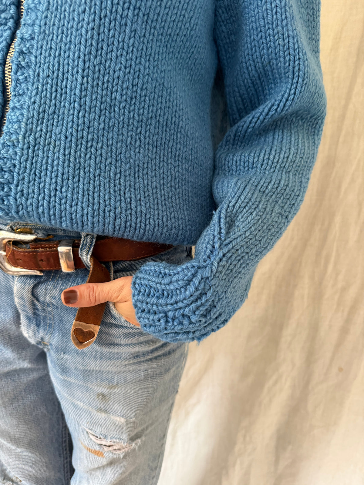 Mended Sky Blue Zip Up Cowichan Sweater