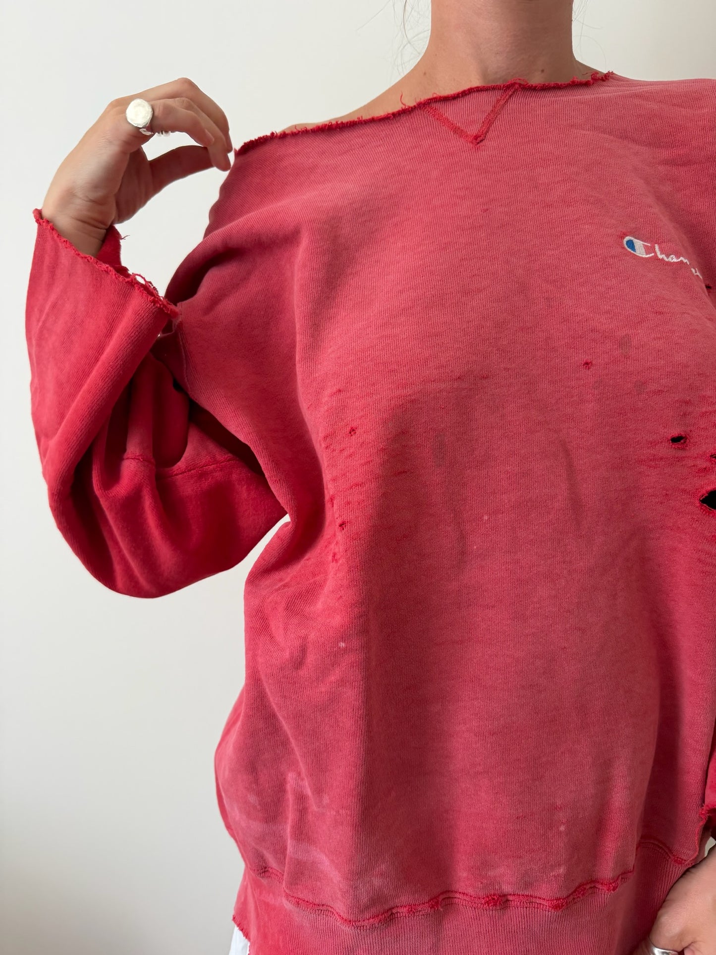 Faded and Distressed Red Champion Crewneck