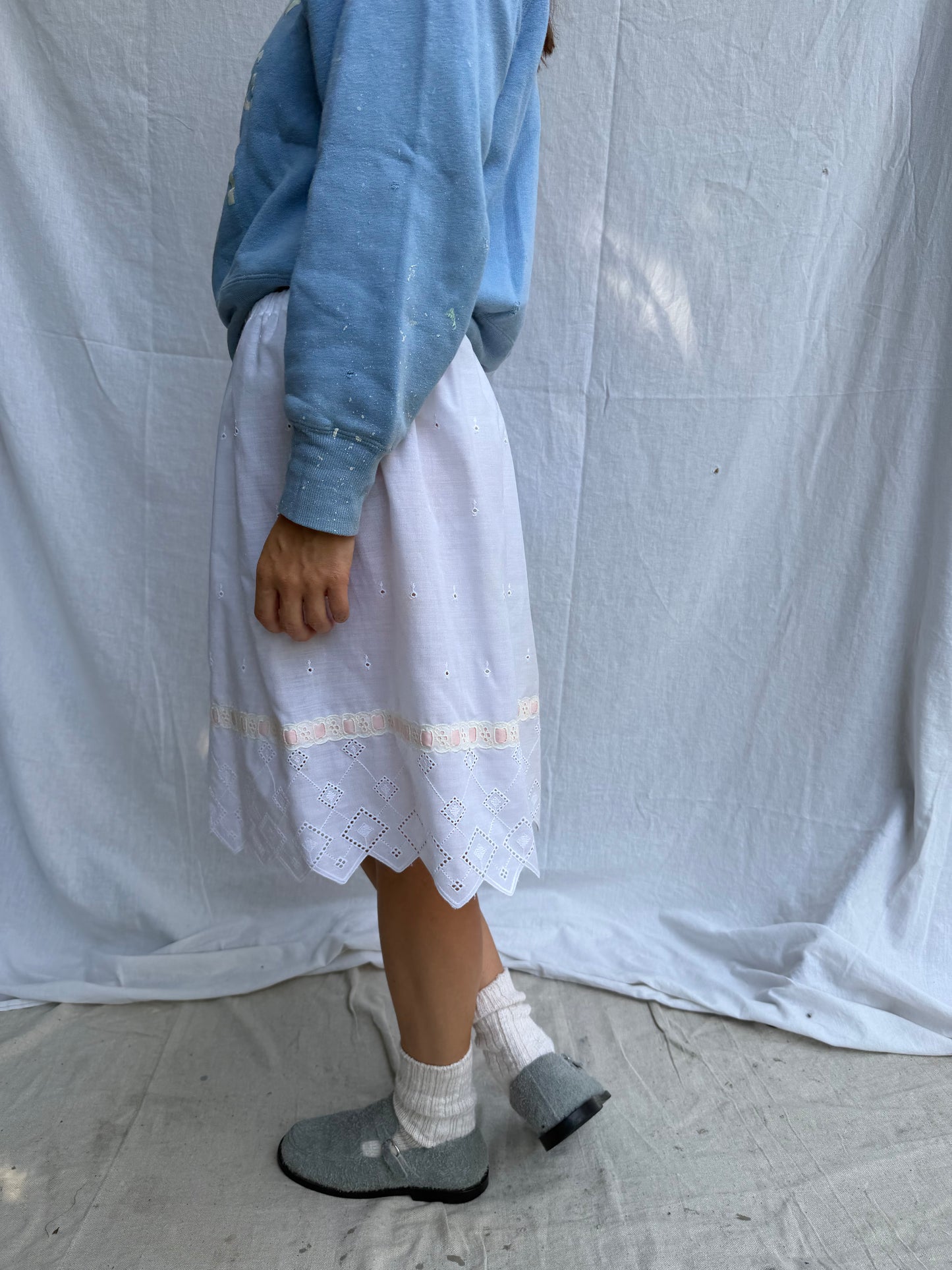 White Cotton Eyelet Skirt with Pink Ribbon