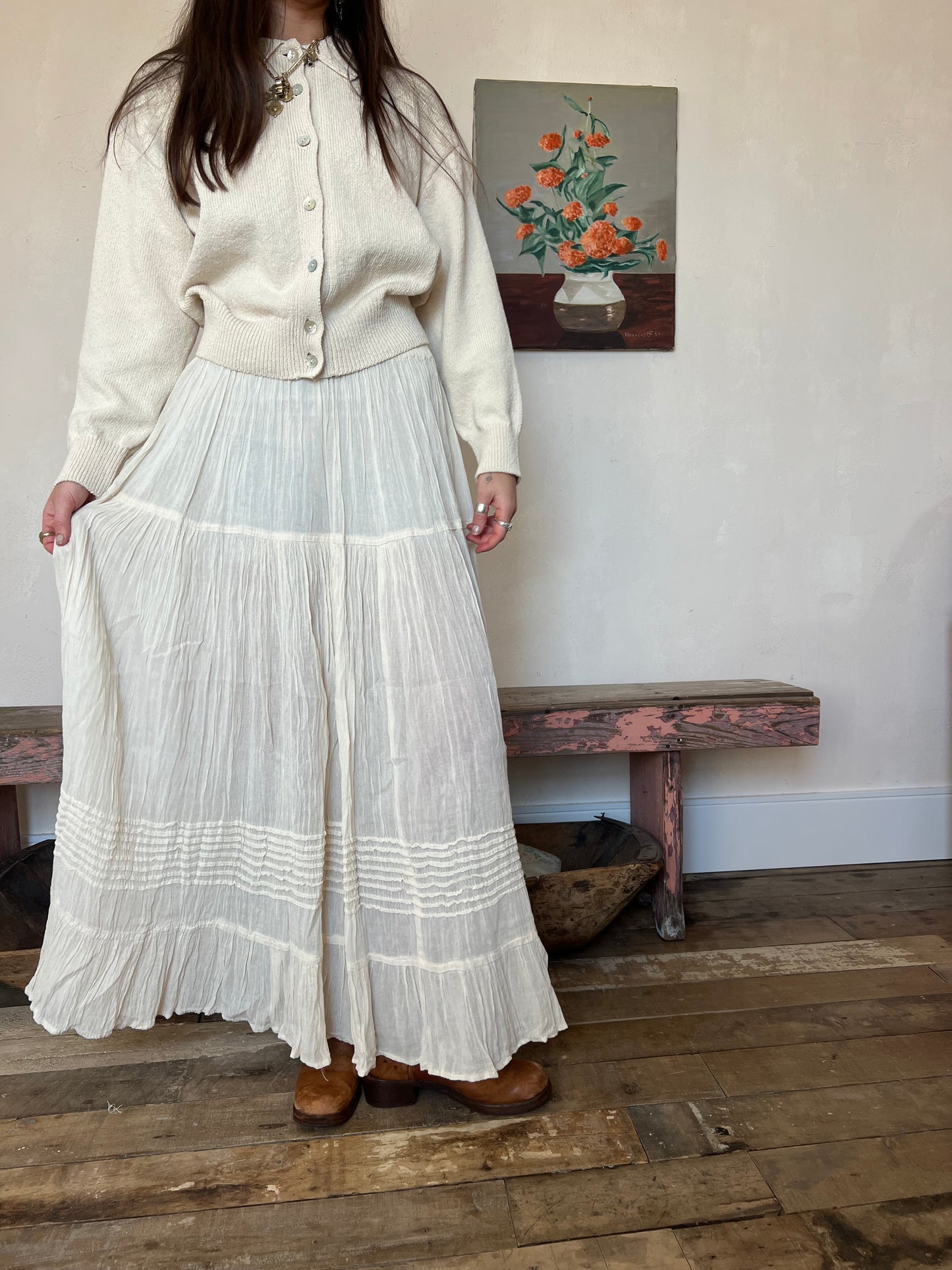 Oaxacan Natural Long Cotton Skirt