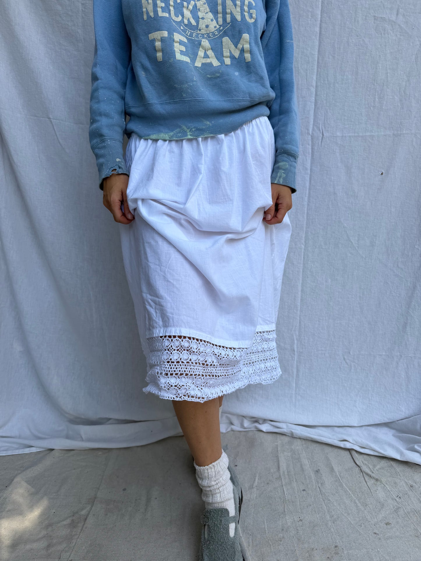 Antique Italian White Cotton Skirt w Crochet Trim