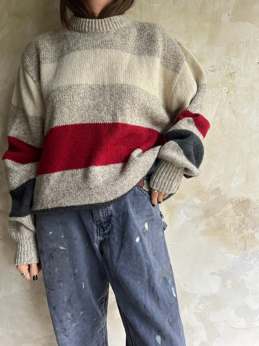 Striped Grey Red and Oat Pullover Sweater