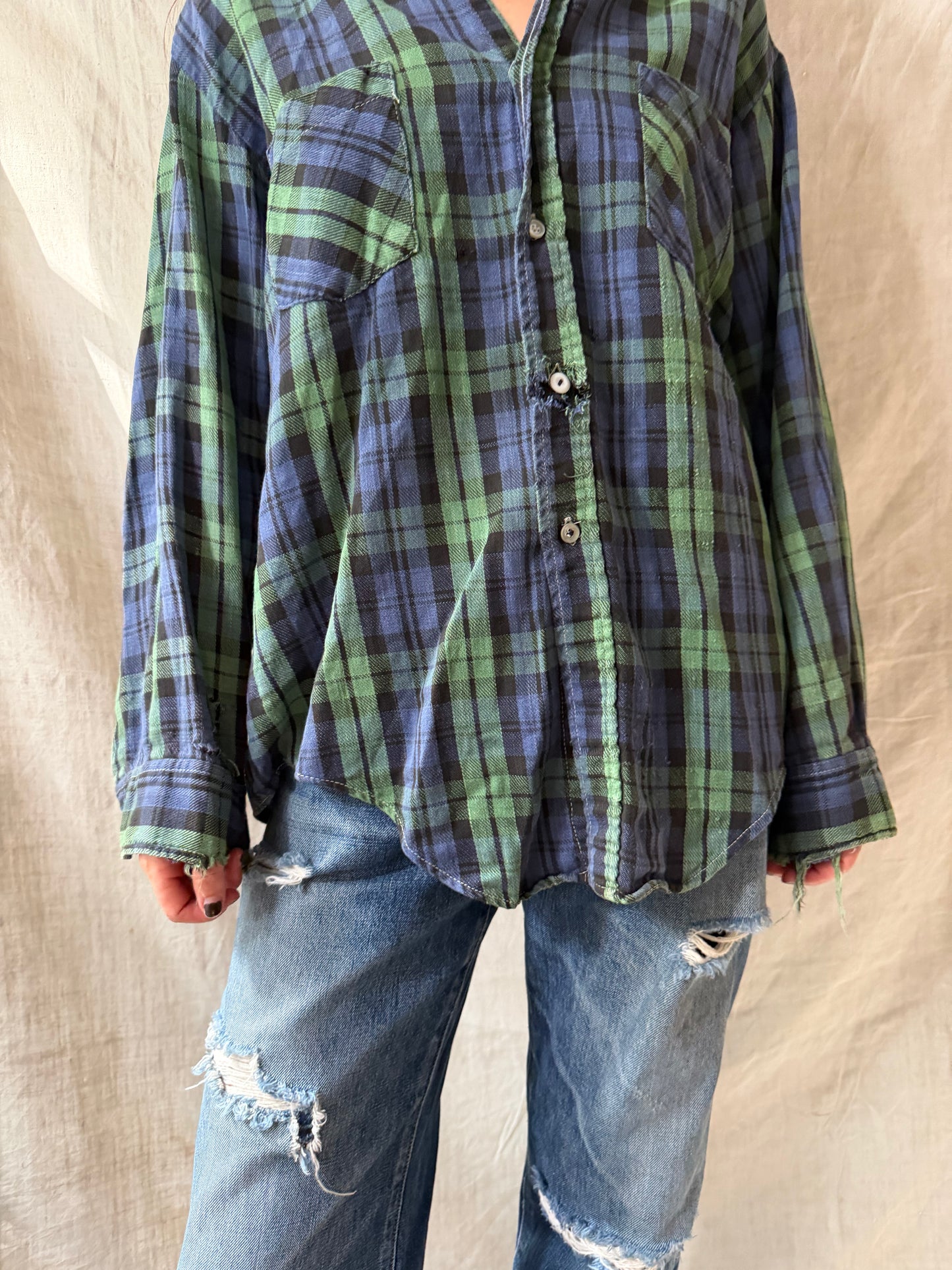 Super Distressed Green + Blue Plaid