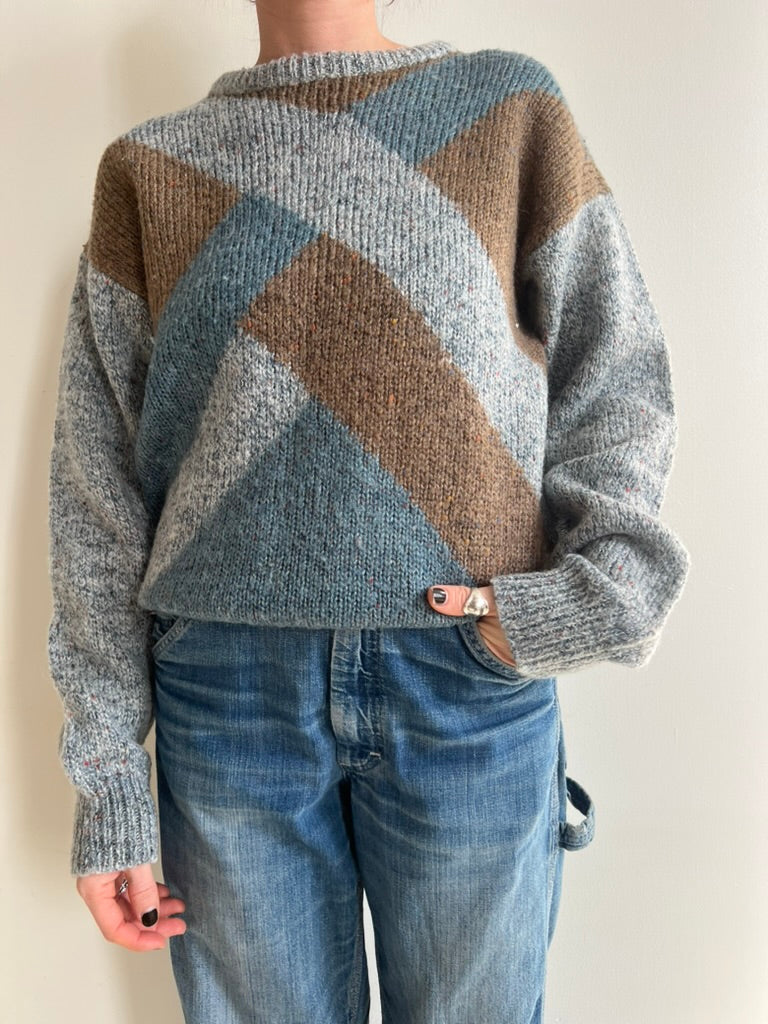 Geometric Blue and Fawn Knit