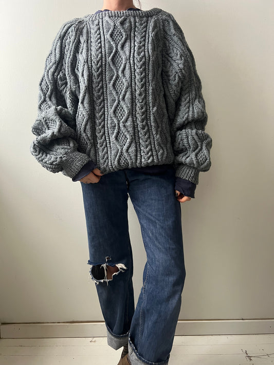 Blue Grey Handmade Cable-knit Sweater