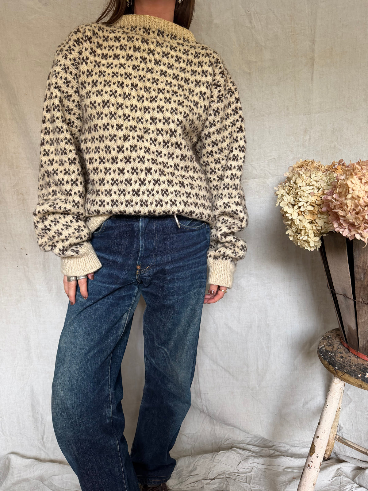 Brown and Cream Wool Patterned Sweater