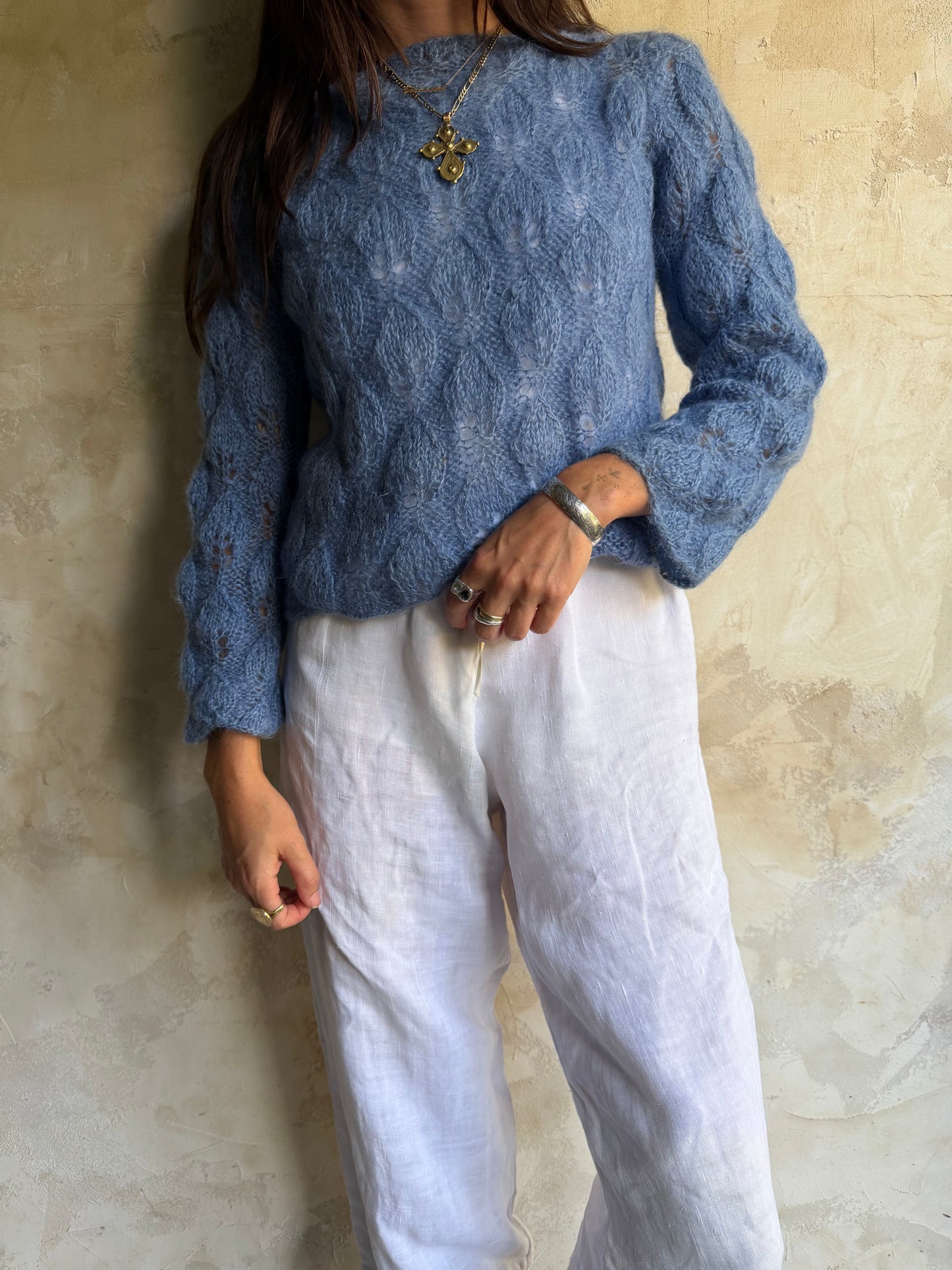 Sky Blue Braided Mohair Knit Sweater