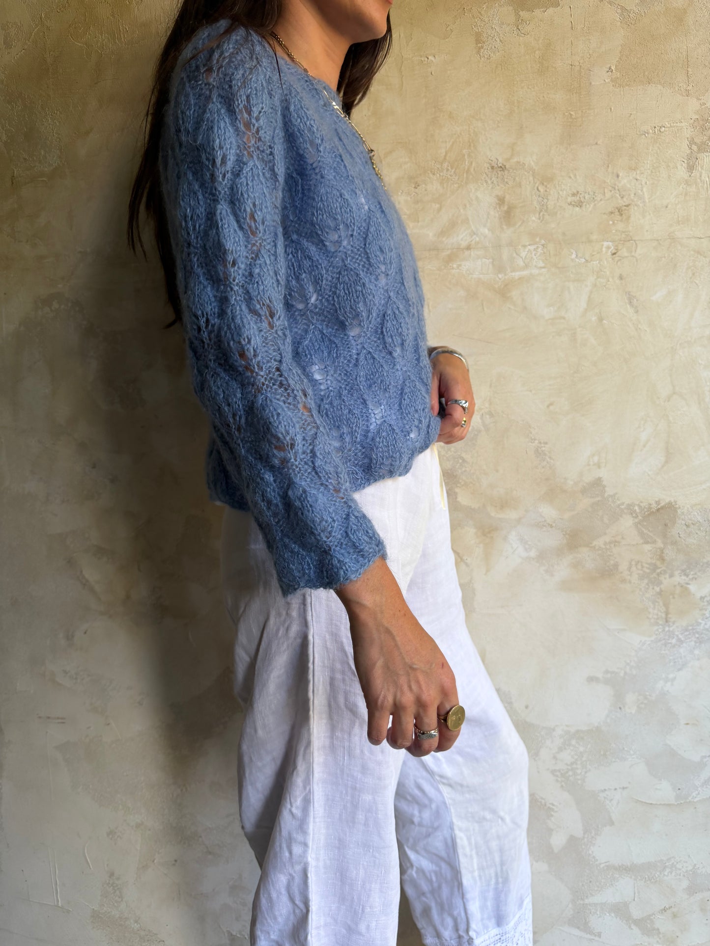 Sky Blue Braided Mohair Knit Sweater