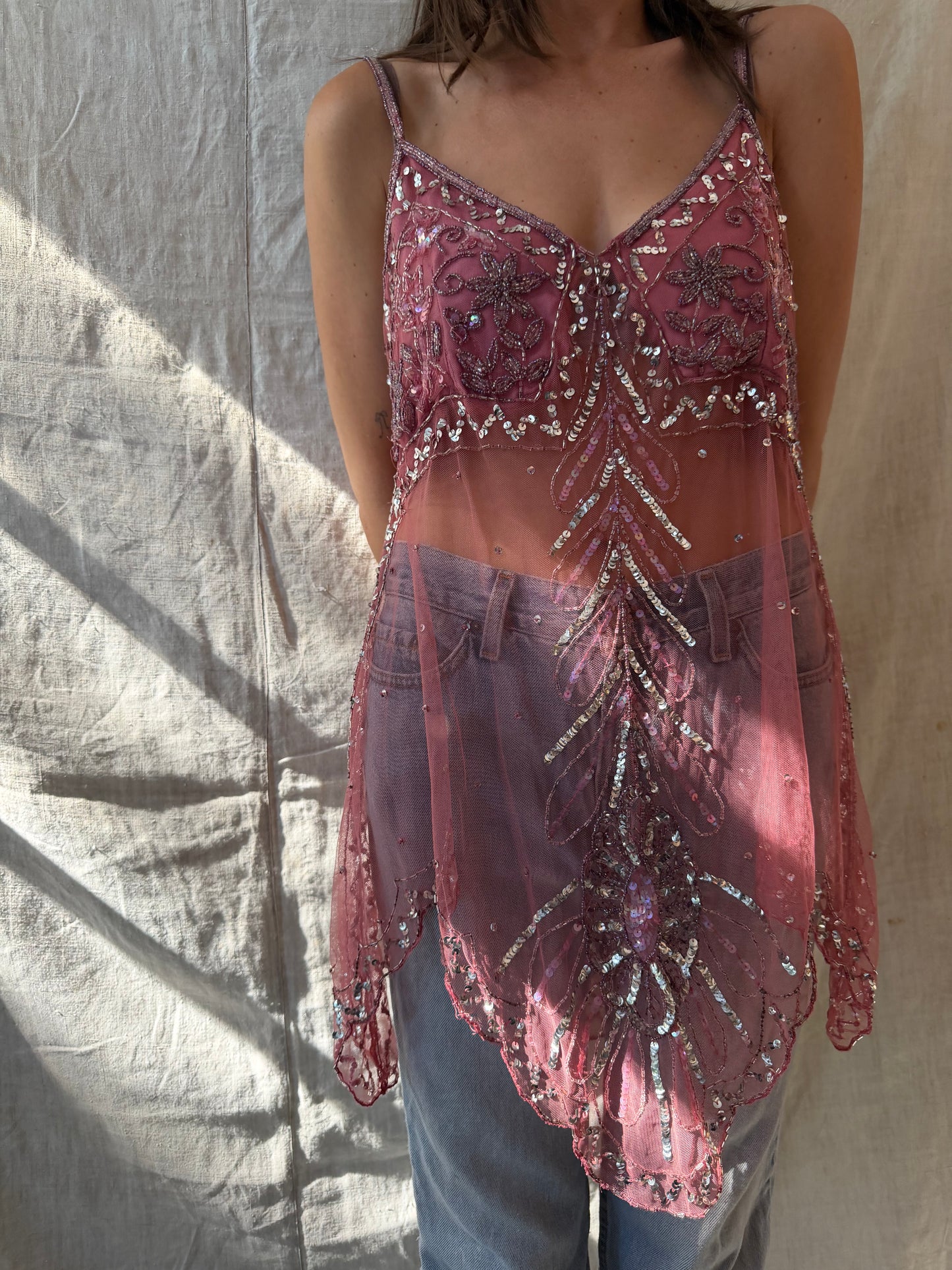 Pink Beaded Mesh Tank
