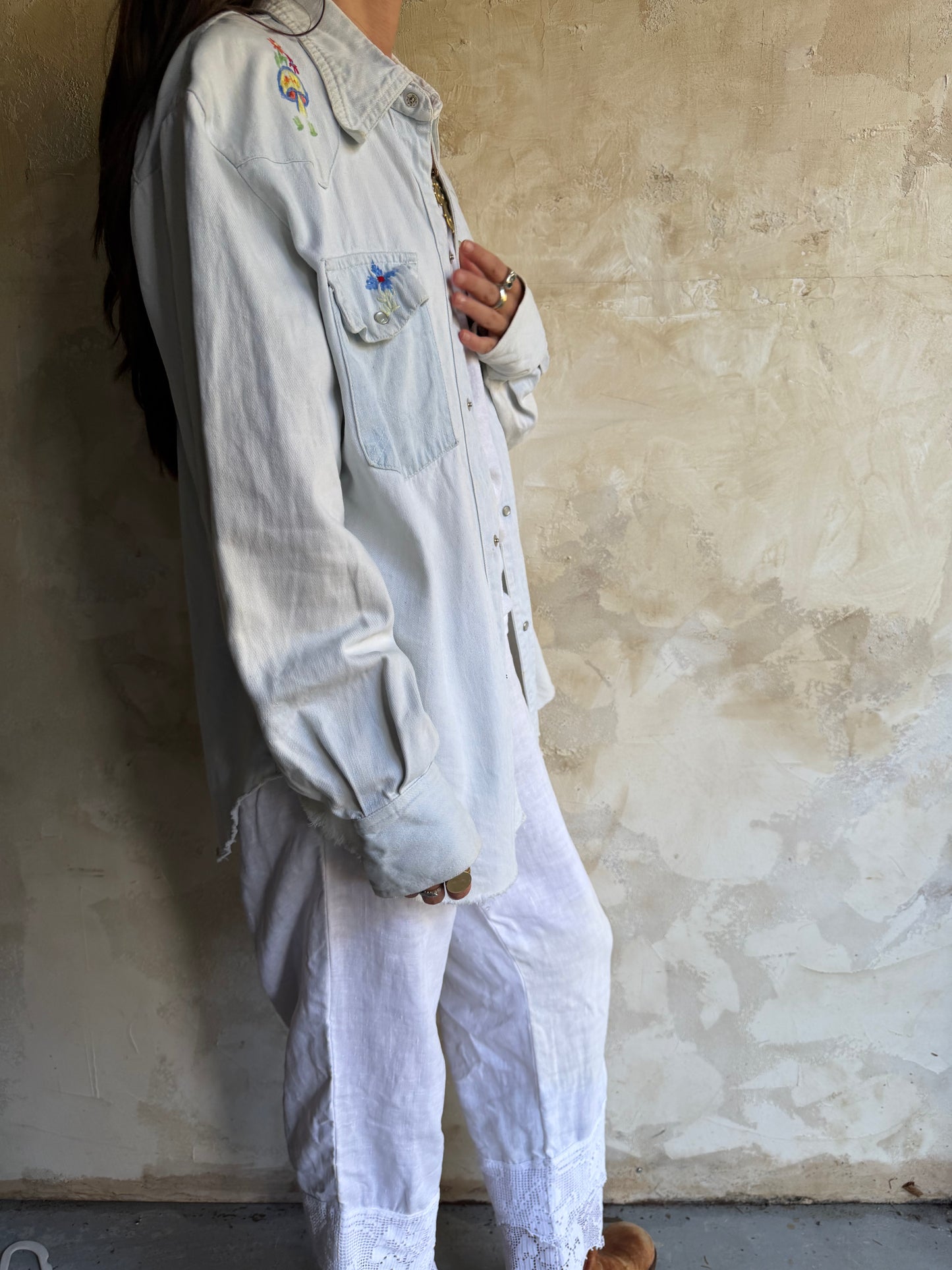 80s Hand Embroidered Light Wash Denim Button Up