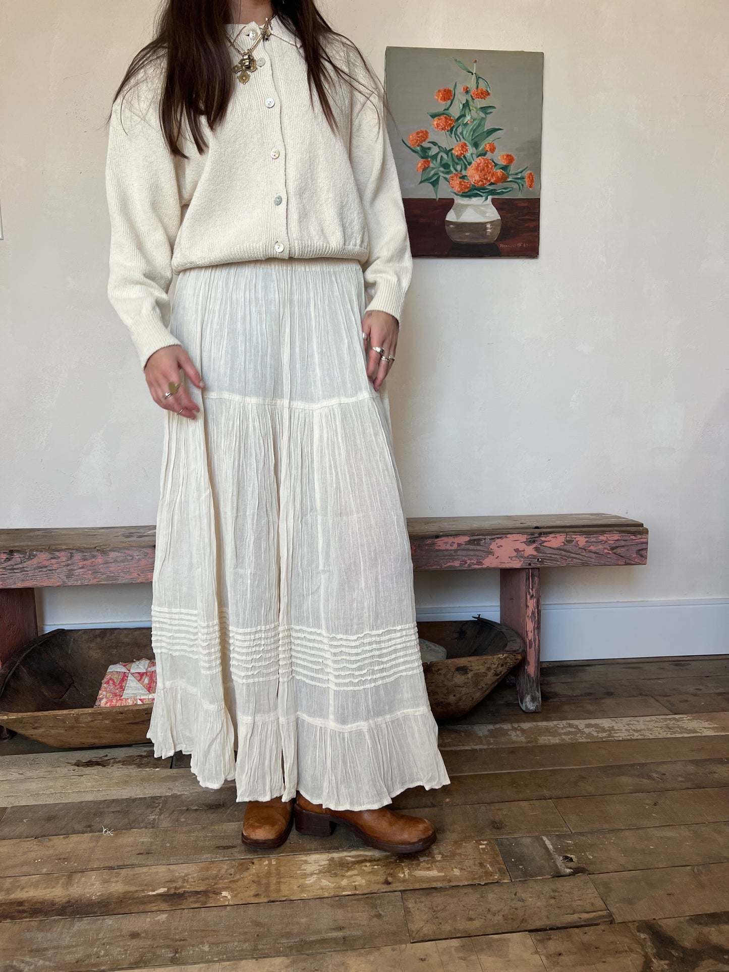 Oaxacan Natural Long Cotton Skirt