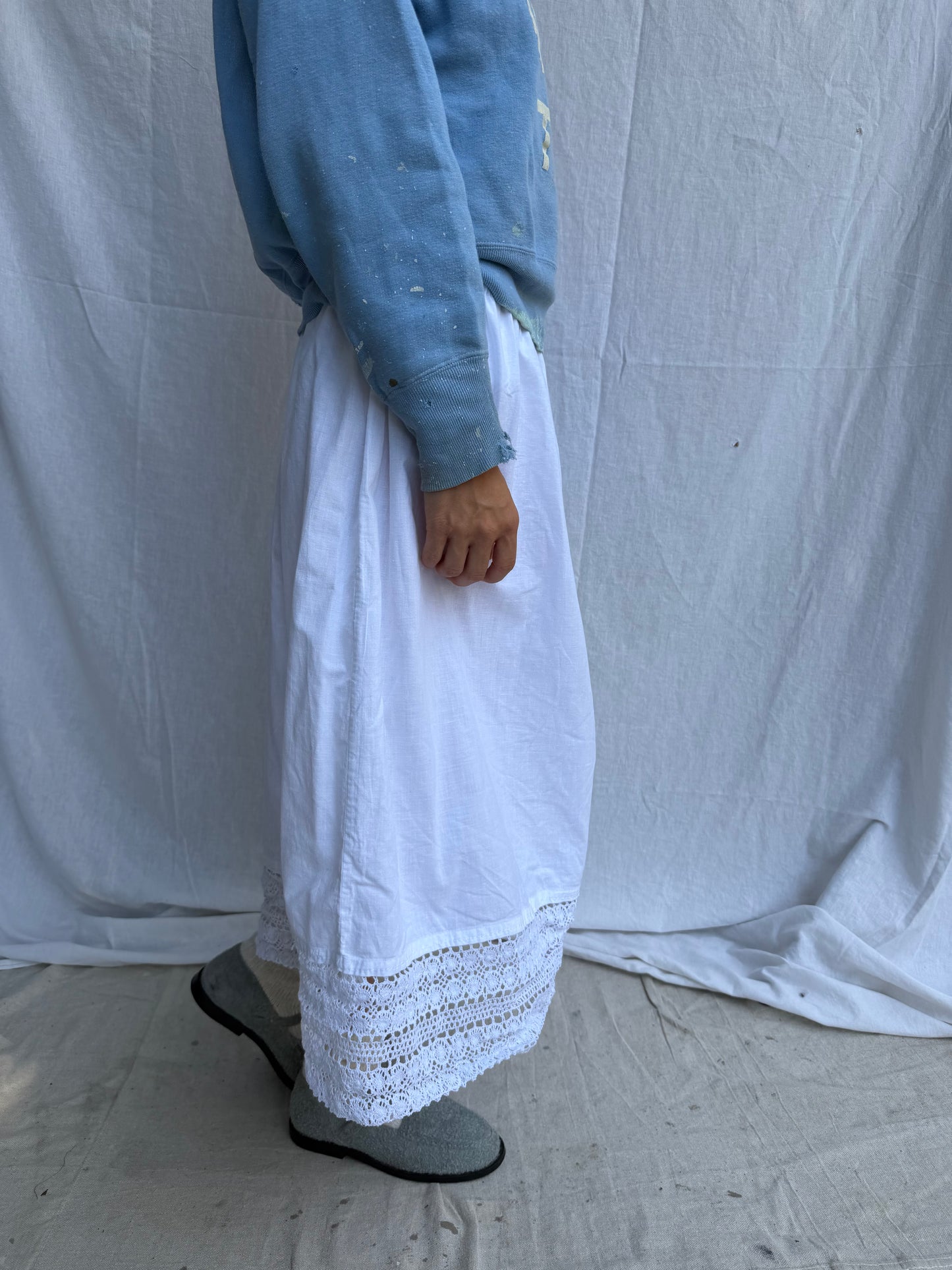 Antique Italian White Cotton Skirt w Crochet Trim