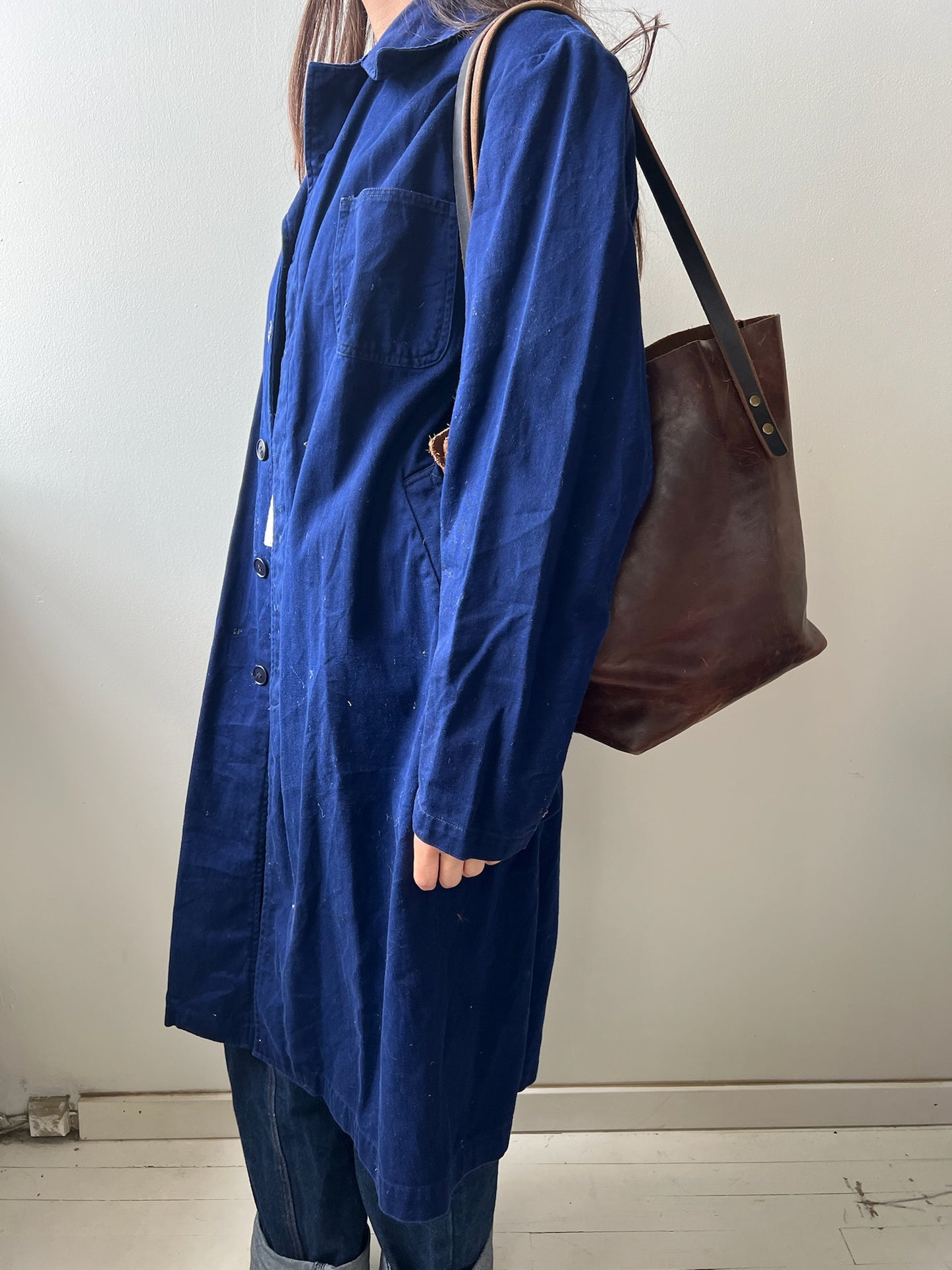 Long Indigo Blue Chore Trench Jacket