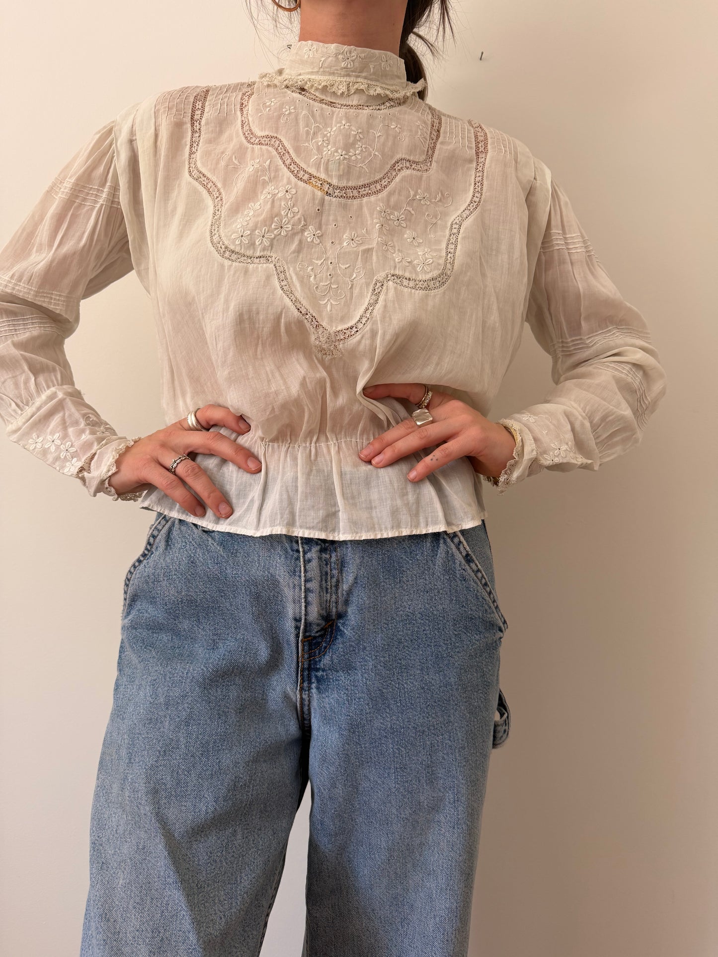 Victorian High Neck Embroidered Cotton Blouse-