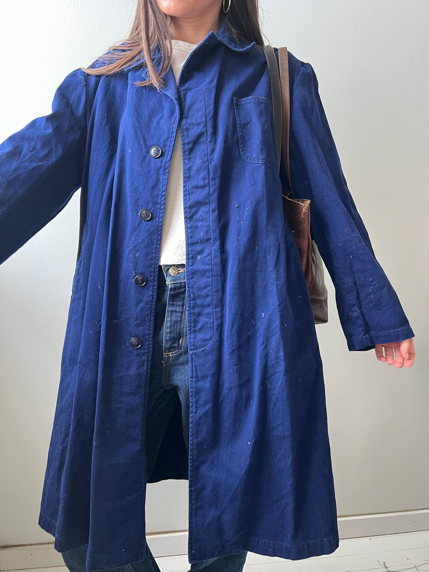 Long Indigo Blue Chore Trench Jacket