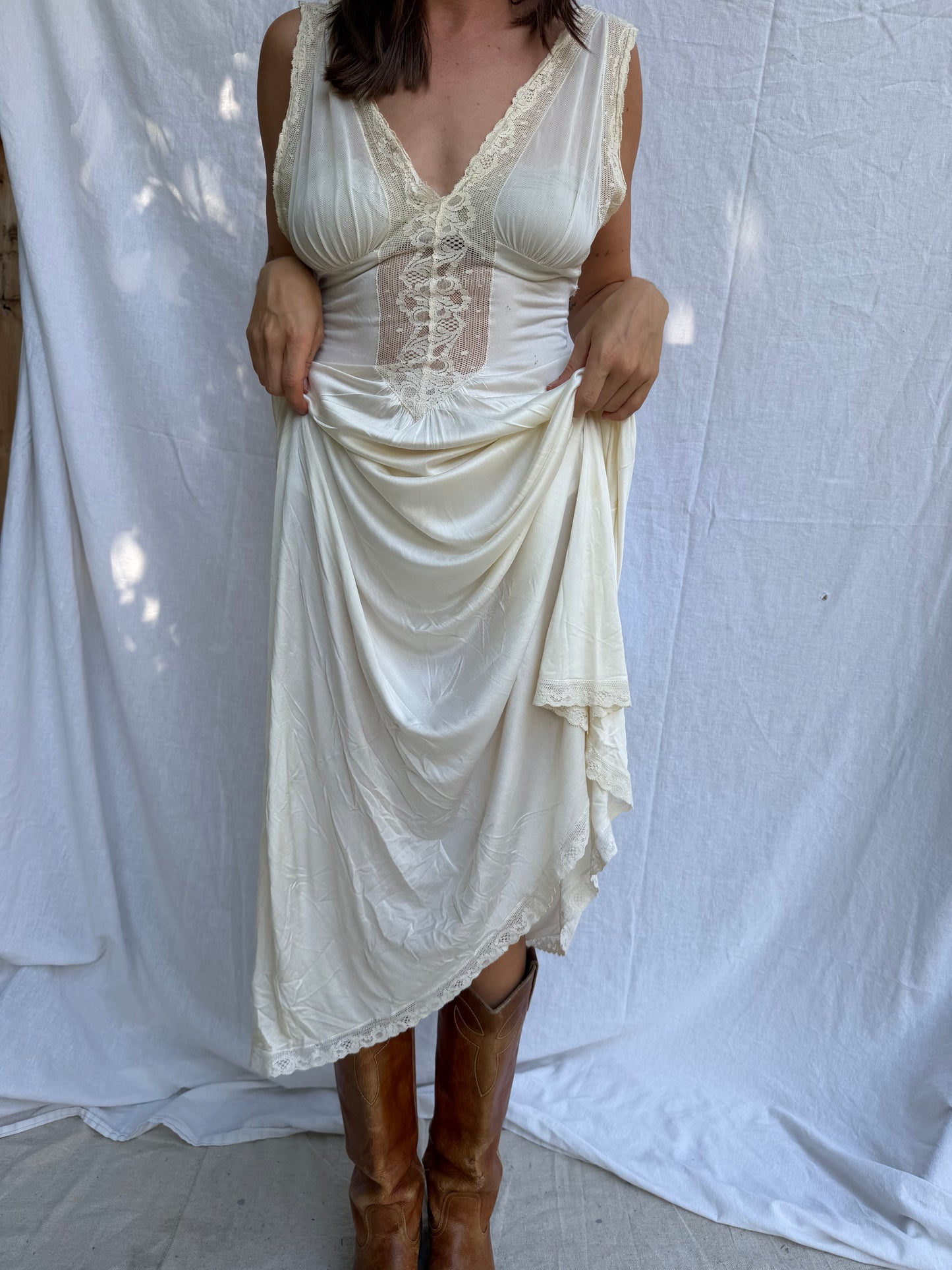 Long Cream Nylon Slip Dress