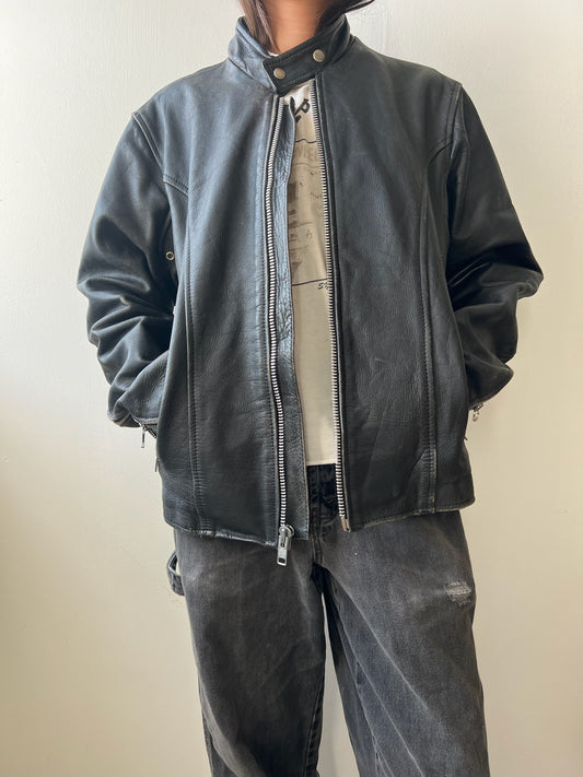 Faded Black Leather Biker Jacket