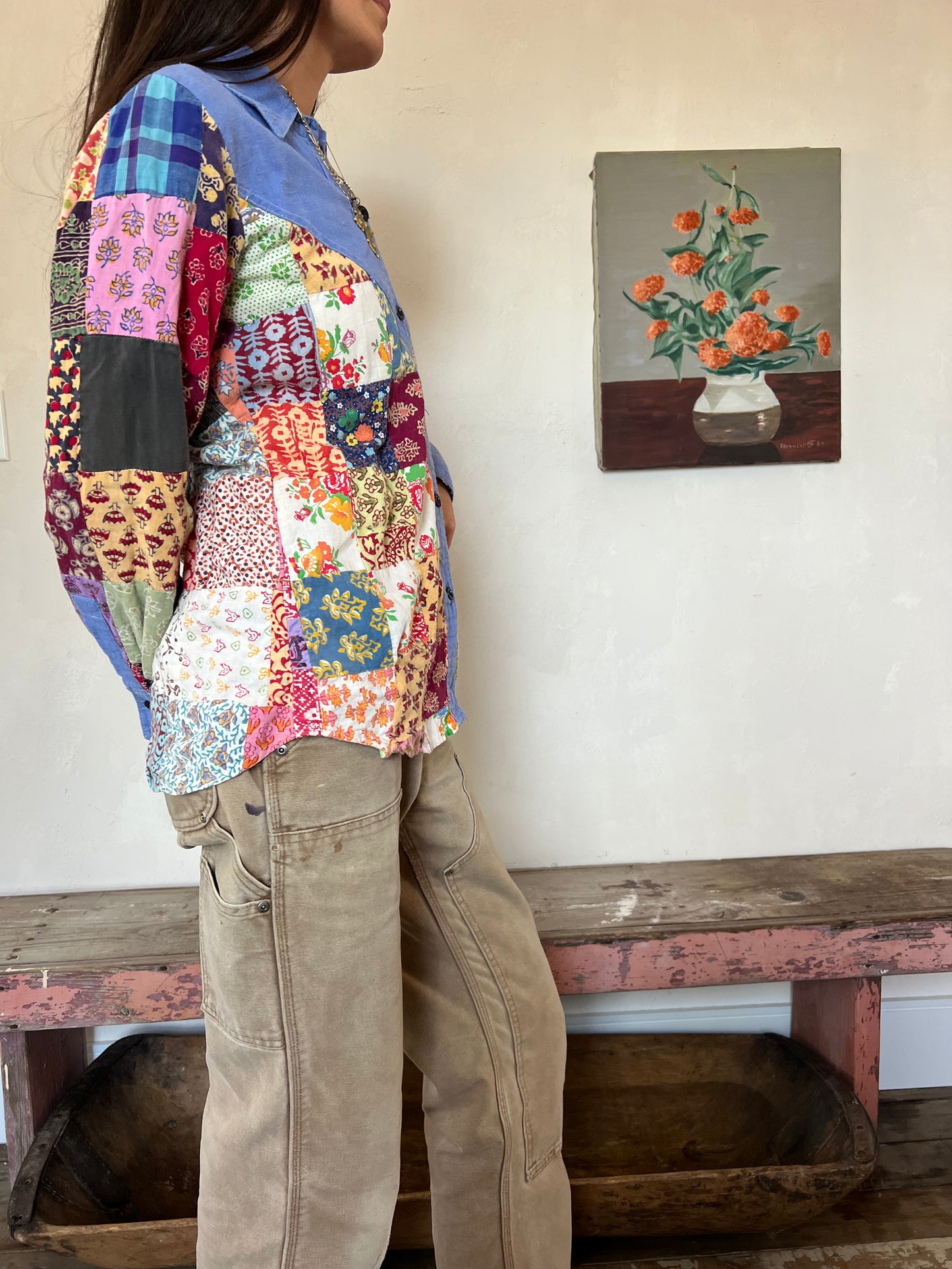 70s Funky Patchwork Patterned Button-Up