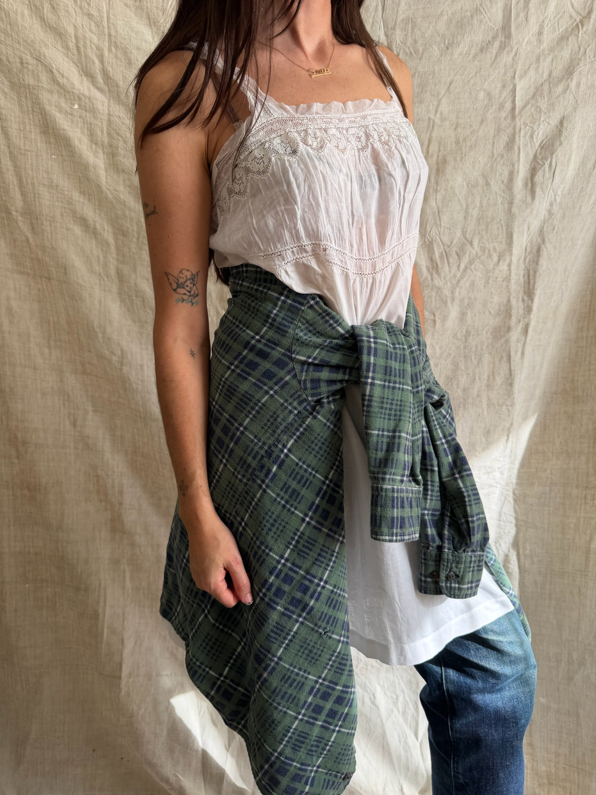 Antique French Cotton Slip with Mesh Ruffle