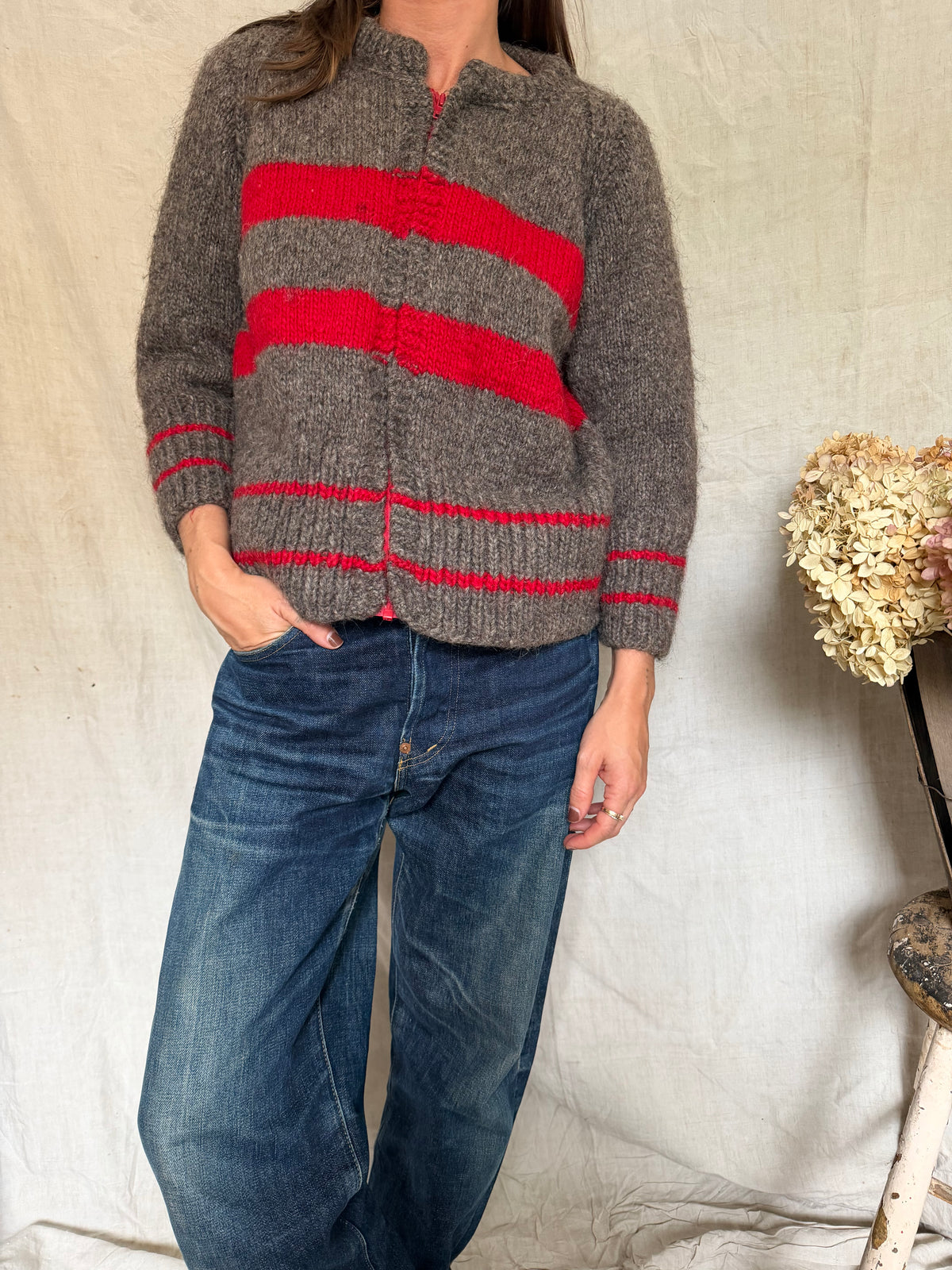 Handmade Striped Red and Fawn Sweater
