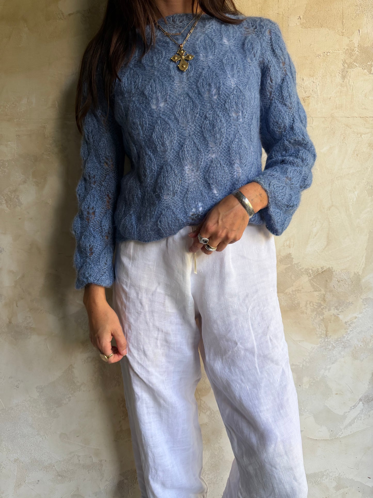 Sky Blue Braided Mohair Knit Sweater
