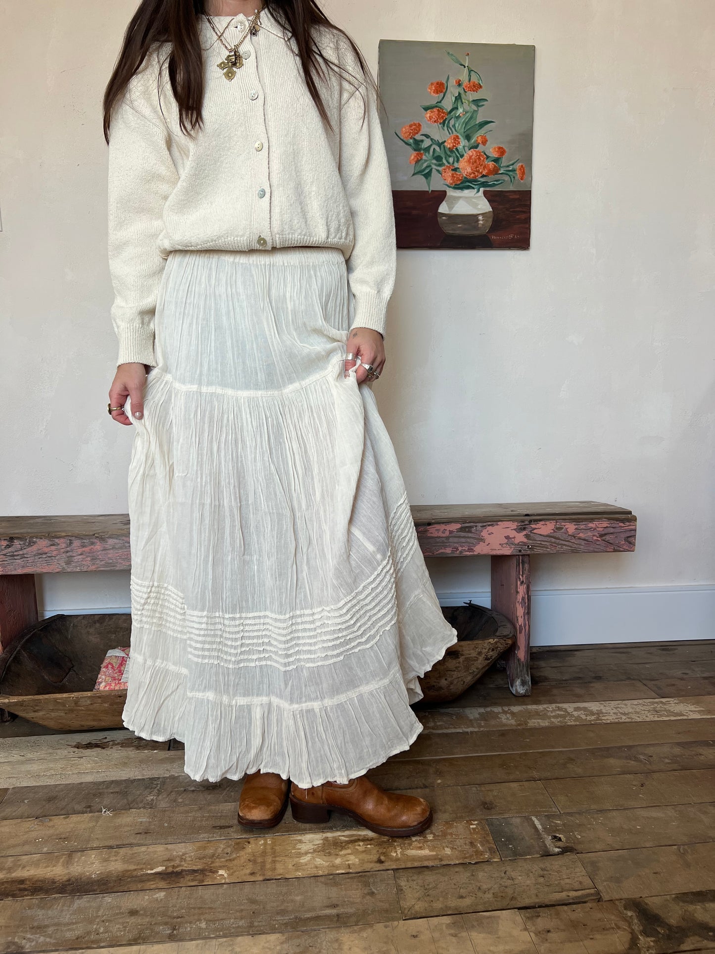 Oaxacan Natural Long Cotton Skirt