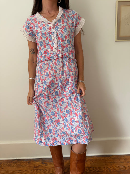 1940s Floral Cotton Smock Dress