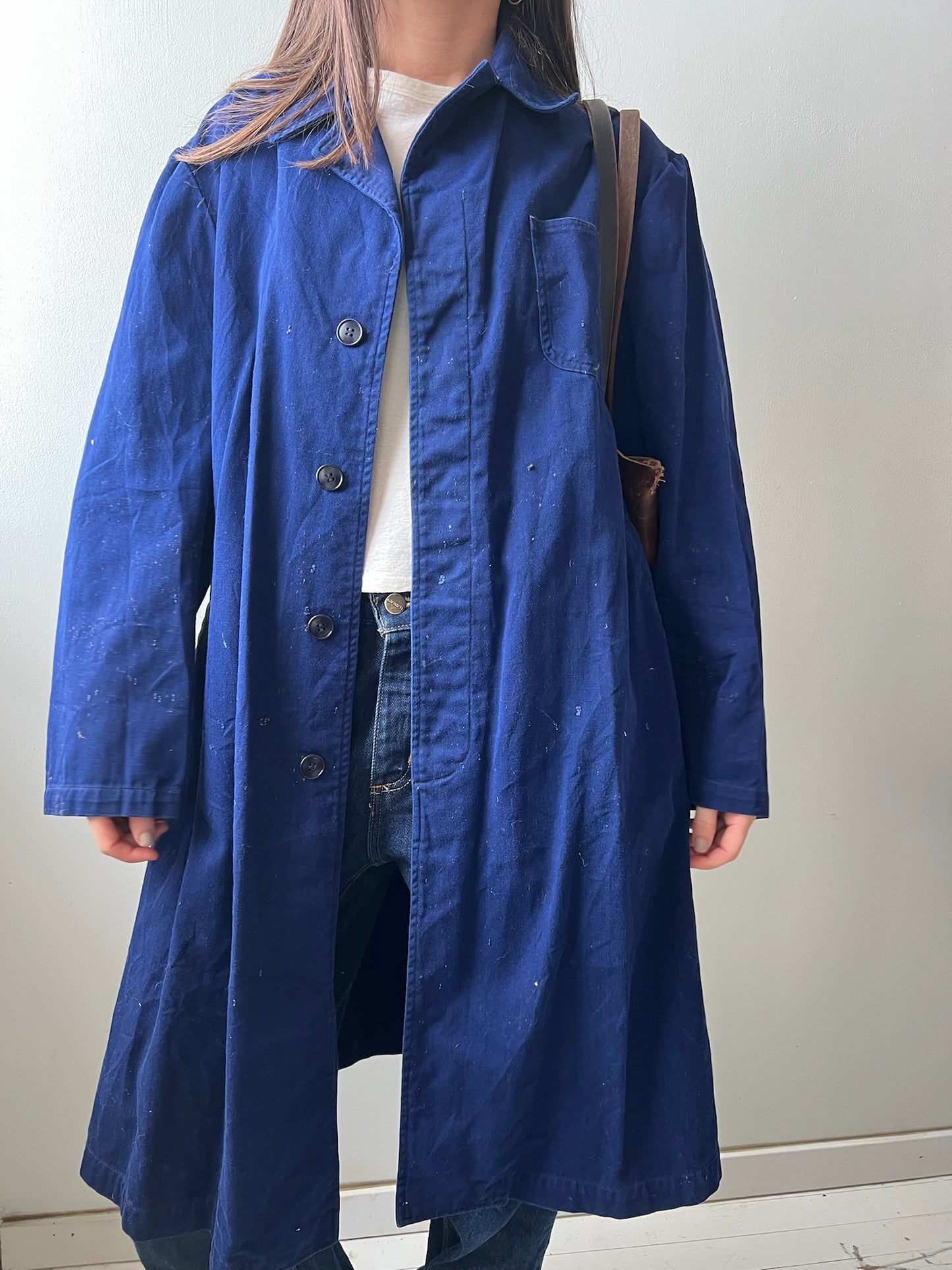 Long Indigo Blue Chore Trench Jacket