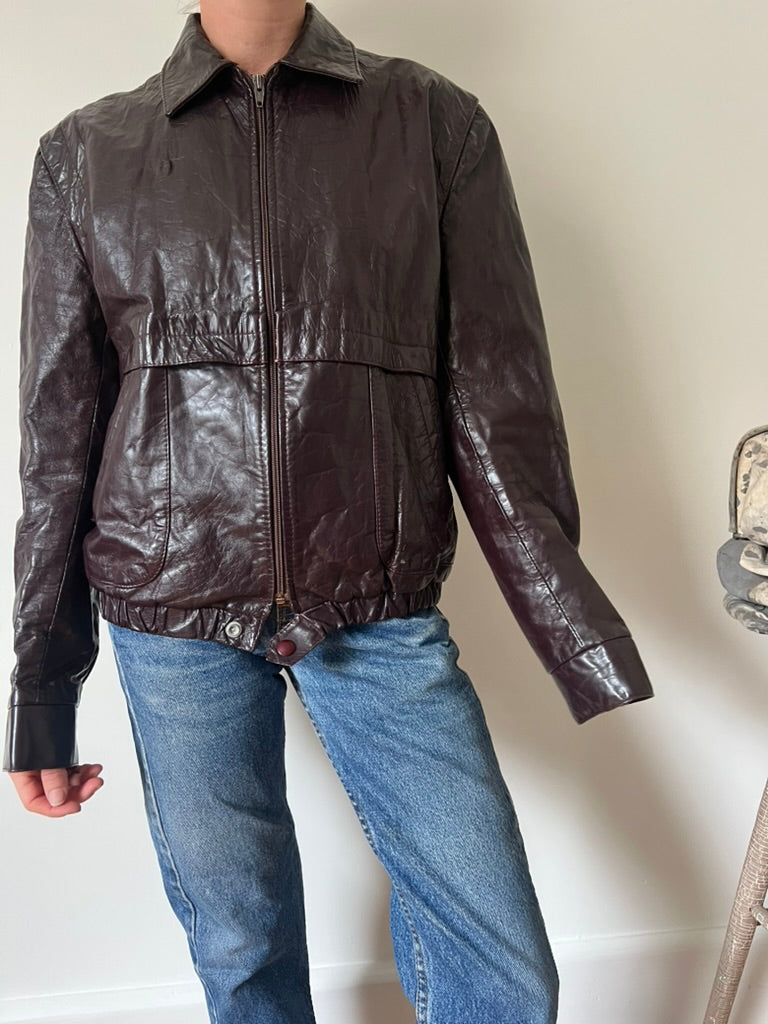 Burgundy Leather Zip Up Bomber Jacket