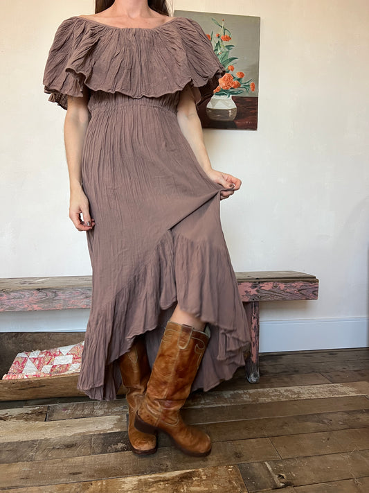 Oaxacan Off the Shoulder Ruffle Dress in Fawn