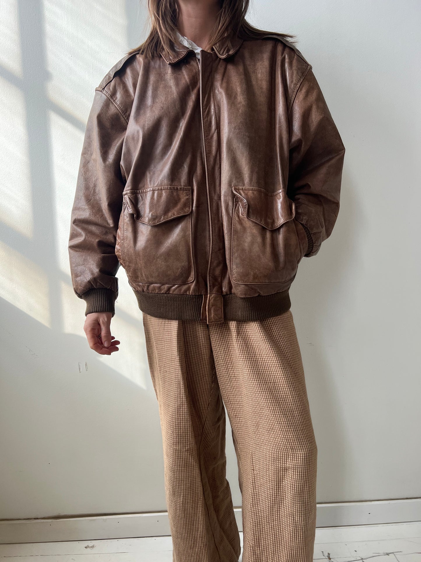 Faded Light Brown Leather Bomber