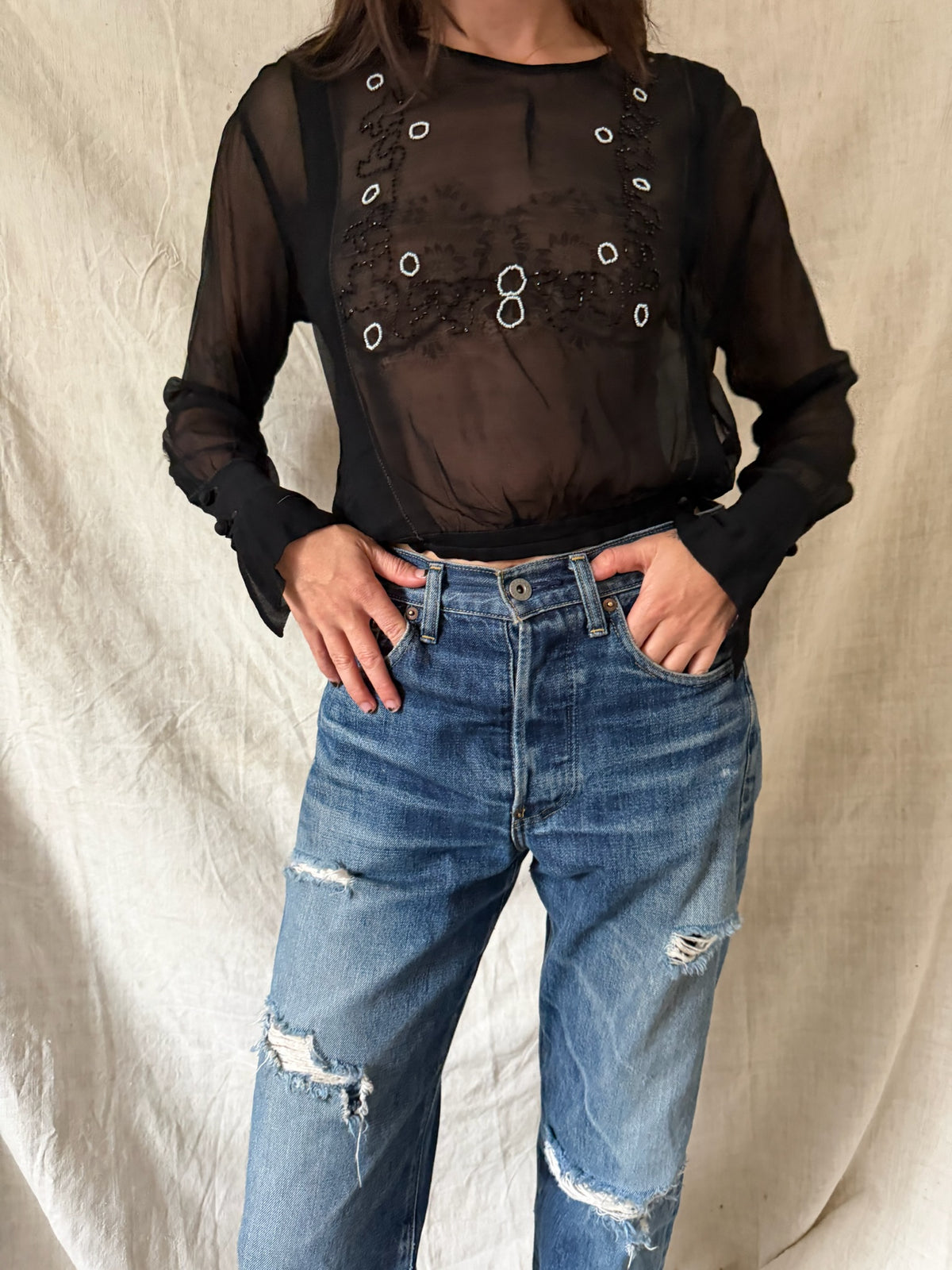 Antique Black Beaded Silk Blouse