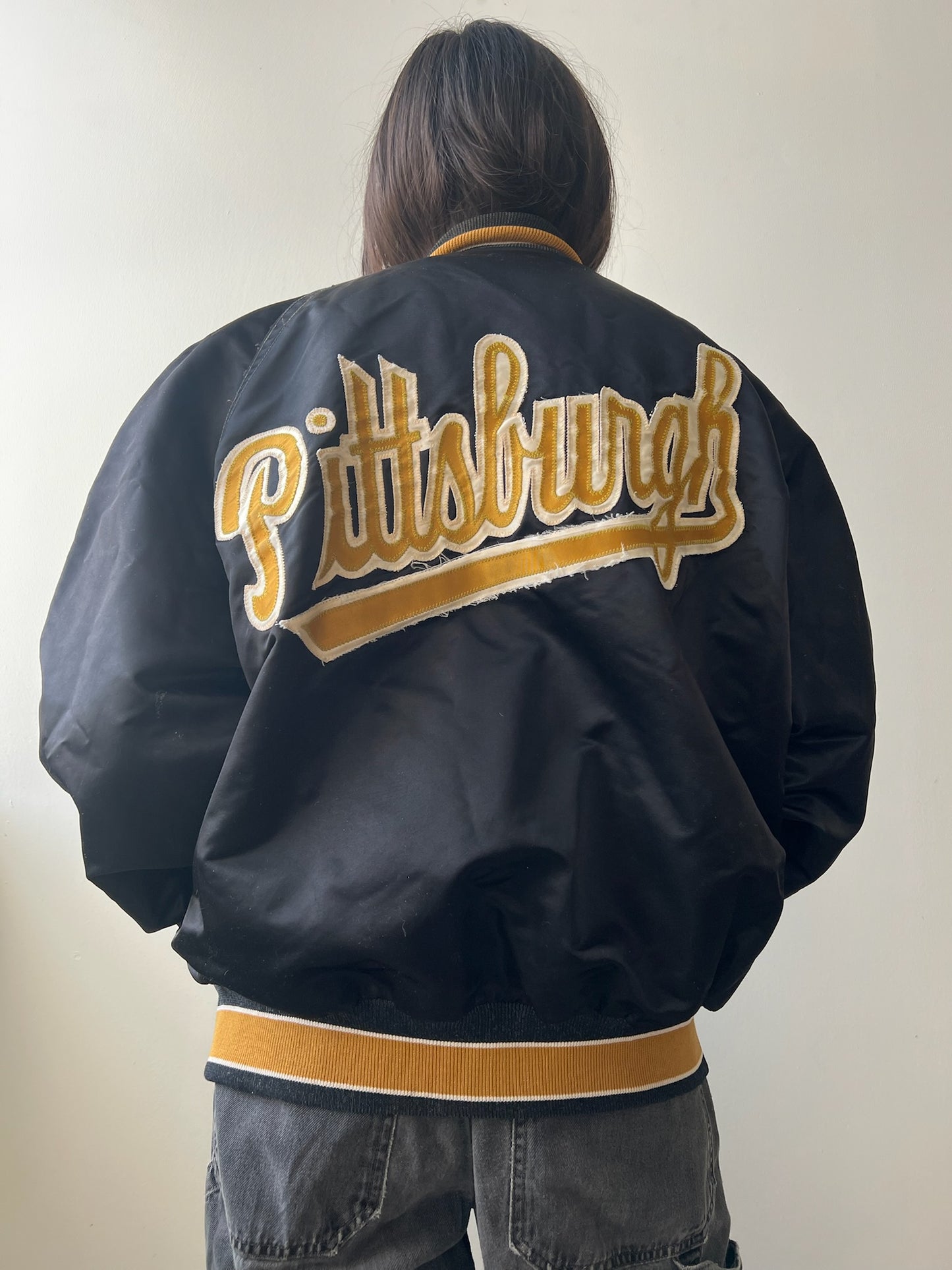 Black Satin Pittsburgh Varsity Jacket
