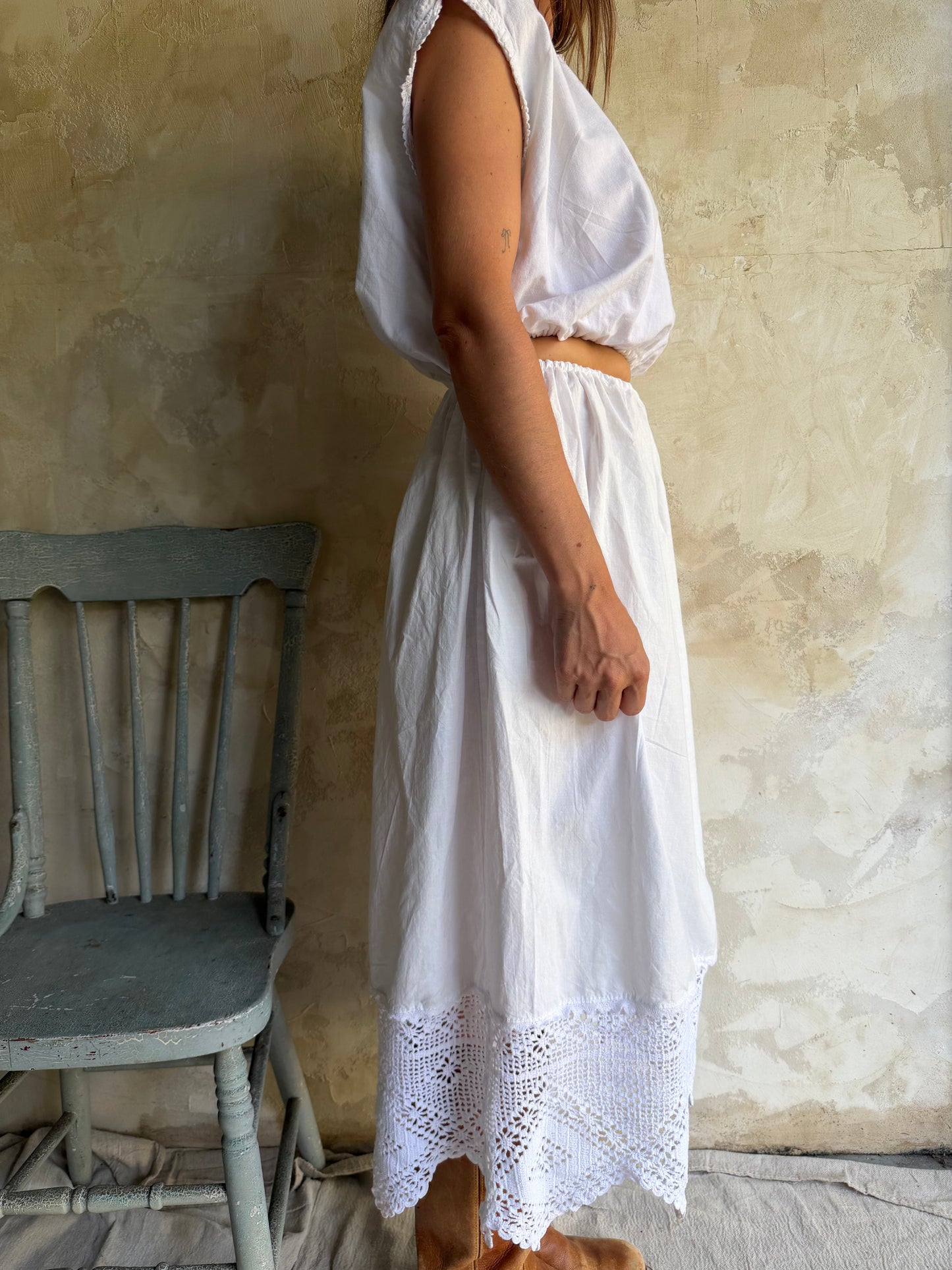 Reworked Cotton Skirt with Antique Crochet Trim