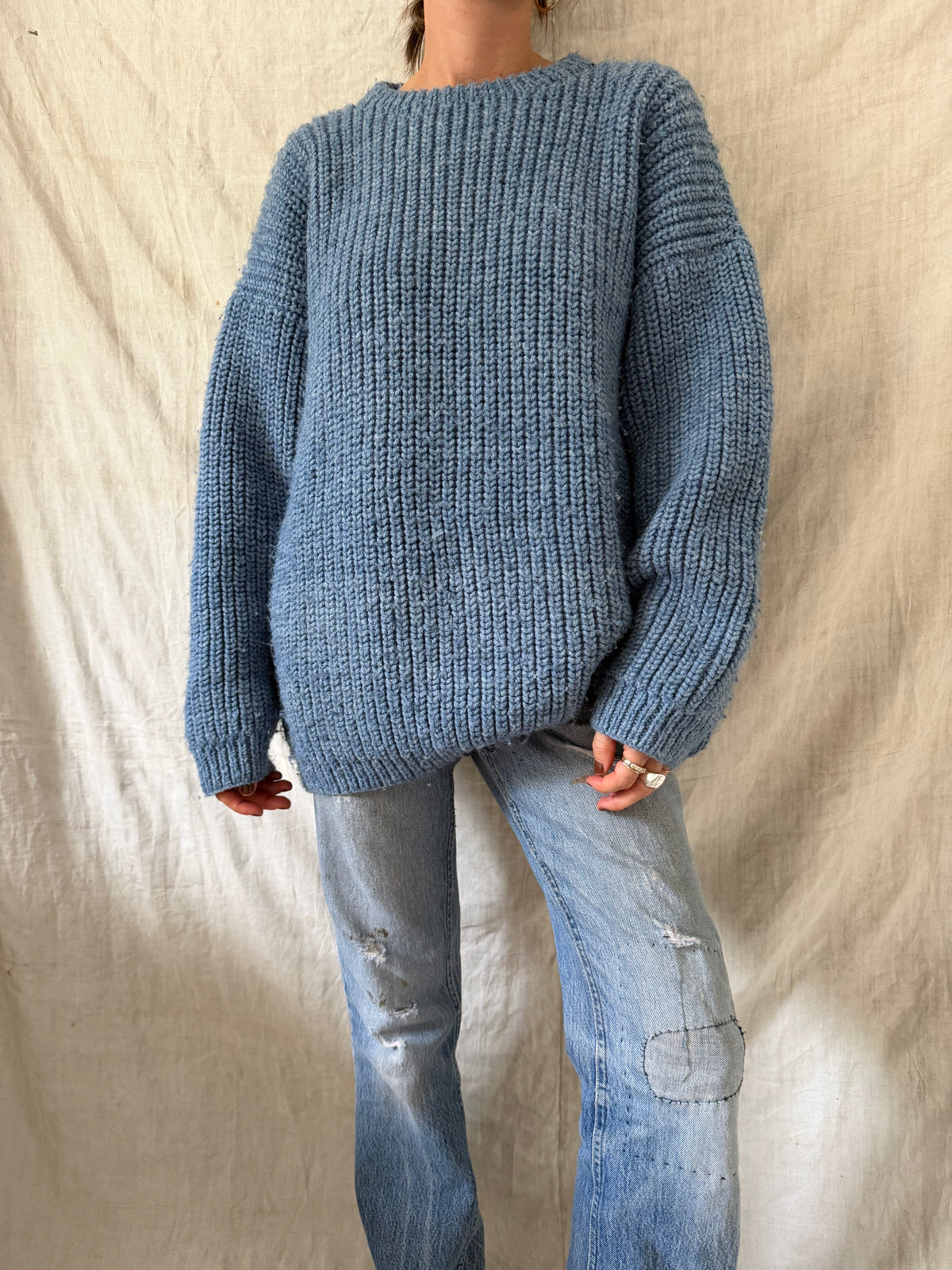 Sky Blue Knit Ribbed Sweater