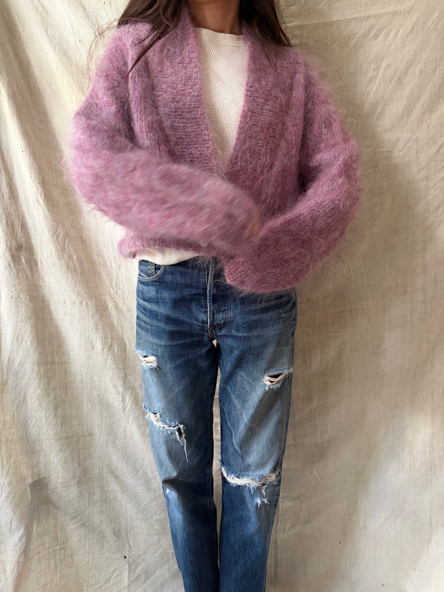 Cropped Magenta Mohair Cardigan
