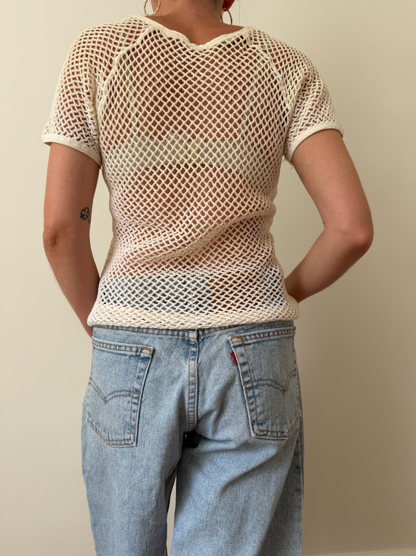 Cream Cotton Fishnet Tee