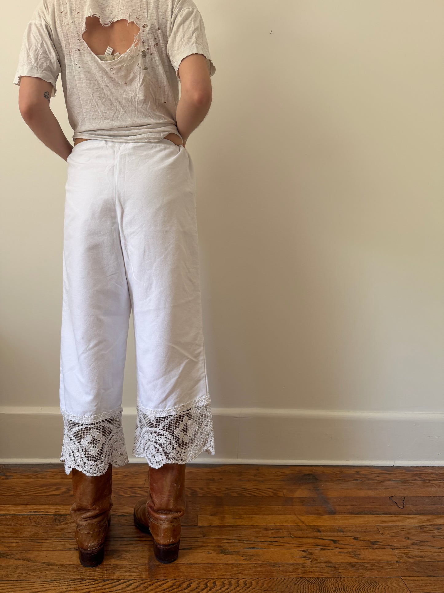 Reworked Cotton Bloomer Pants With Antique Crochet Trim