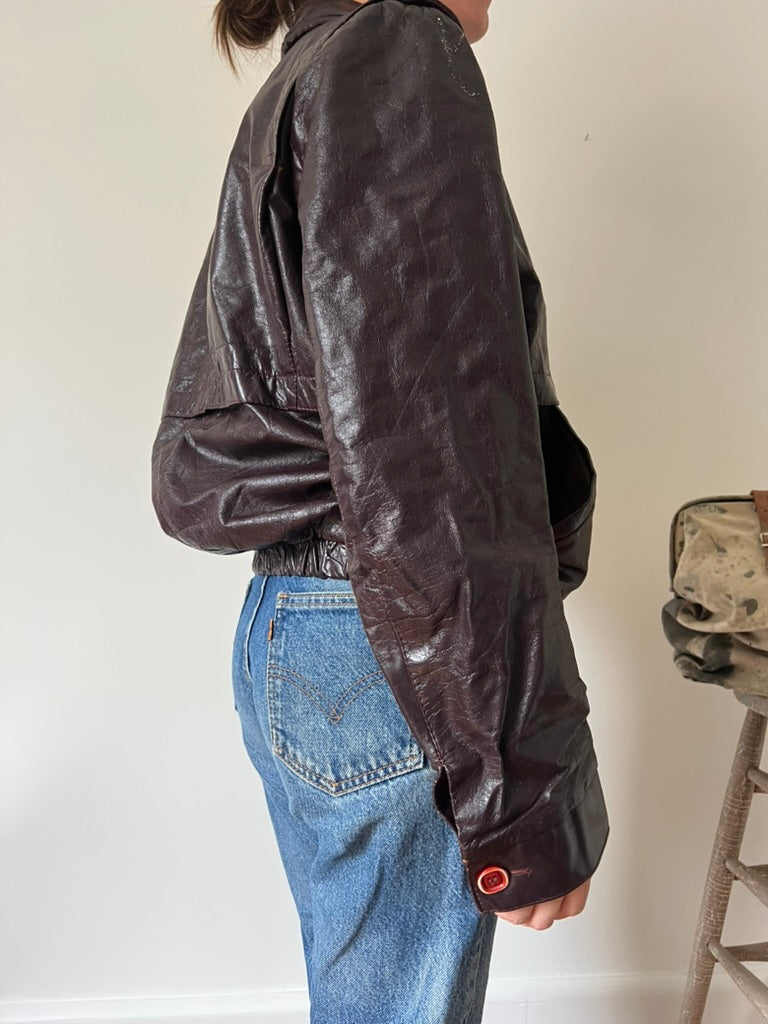 Burgundy Leather Zip Up Bomber Jacket