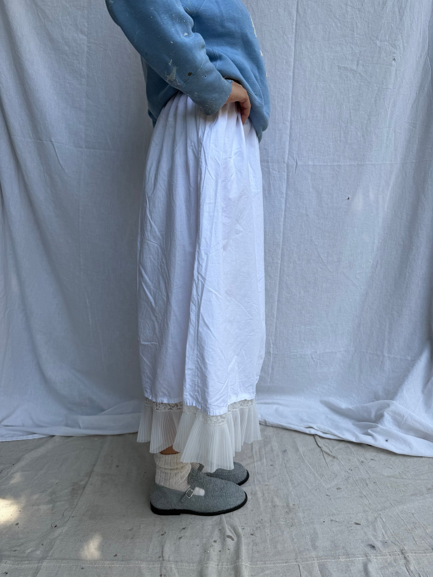 Antique Italian Cotton Skirt with Sheer Ruffle Trim