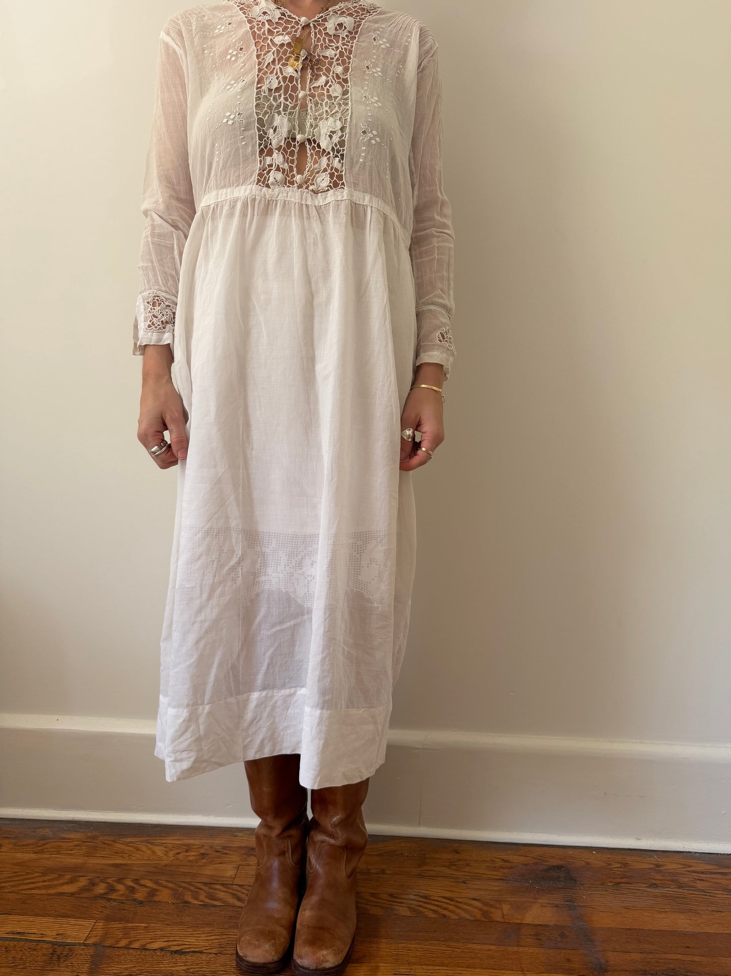 White Victorian Dress With Crochet Detailing